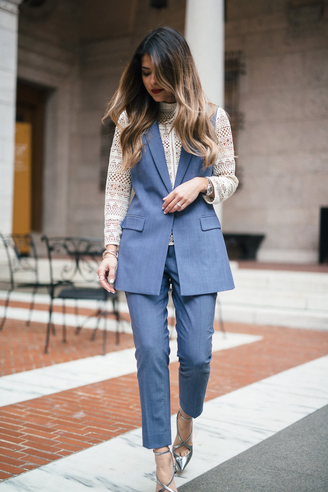 Pam Hetlinger, The Girl From Panama wearing a Banana Republic Chambray Lightweight Wool Crop Pants, Banana Republic Chambray Lightweight Wool Vest, Mango Crochet Top, Sergio Rossi Pumps, and Mac Velvetease Lip Pencil