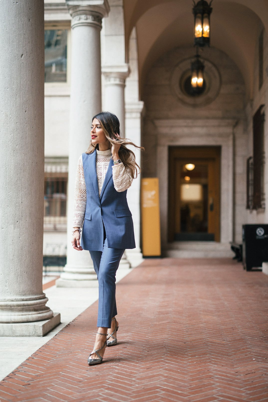 Pam Hetlinger, The Girl From Panama wearing a Banana Republic Chambray Lightweight Wool Crop Pants, Banana Republic Chambray Lightweight Wool Vest, Mango Crochet Top, Sergio Rossi Pumps, and Mac Velvetease Lip Pencil