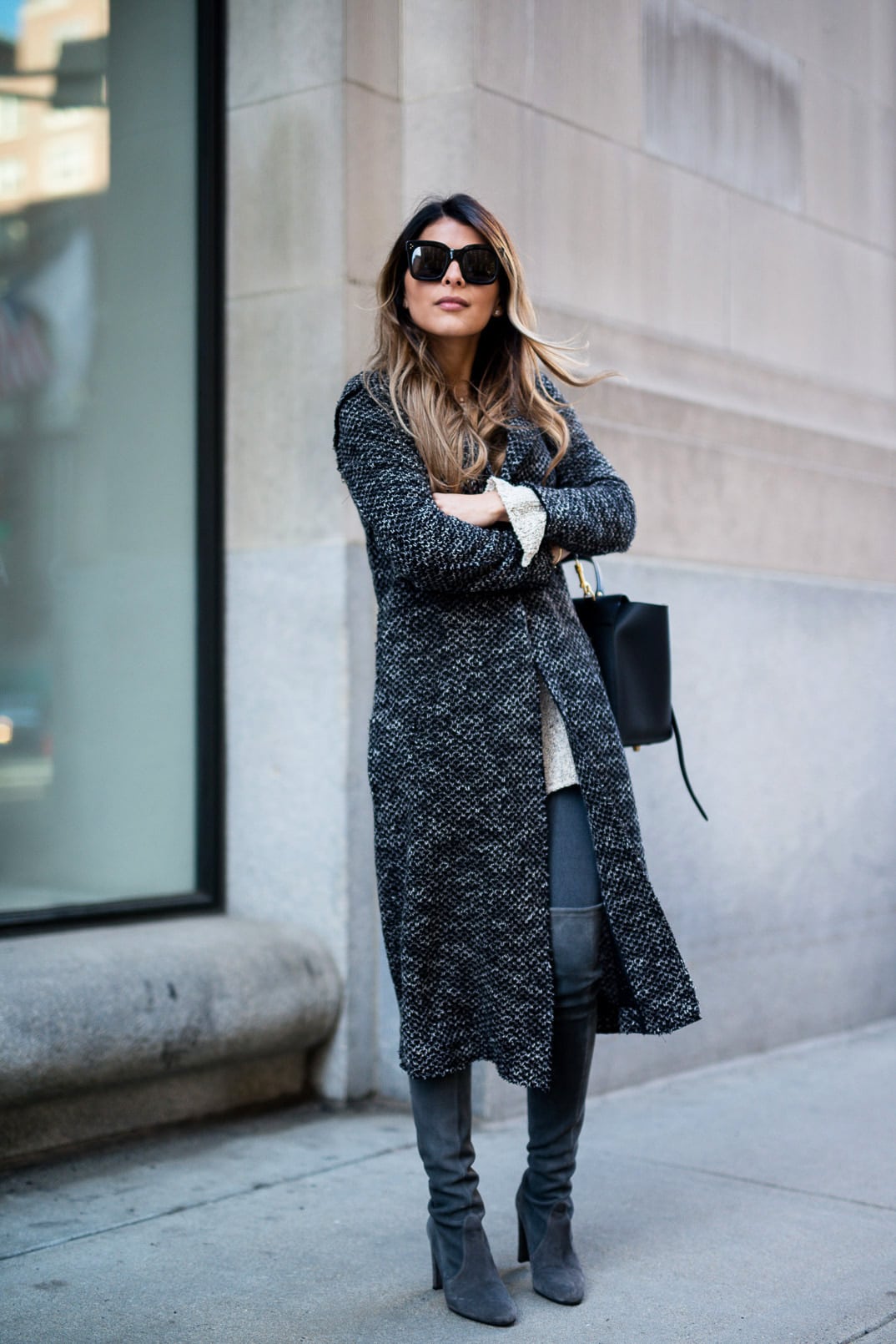 Pam Hetlinger, The Girl From Panama wearing a willow and clay tweed cardigan, stuart weitzman highland over the knee boots, topshop grey jeans, h&m grey sweater, celine belt bag, and celine sunglasses.