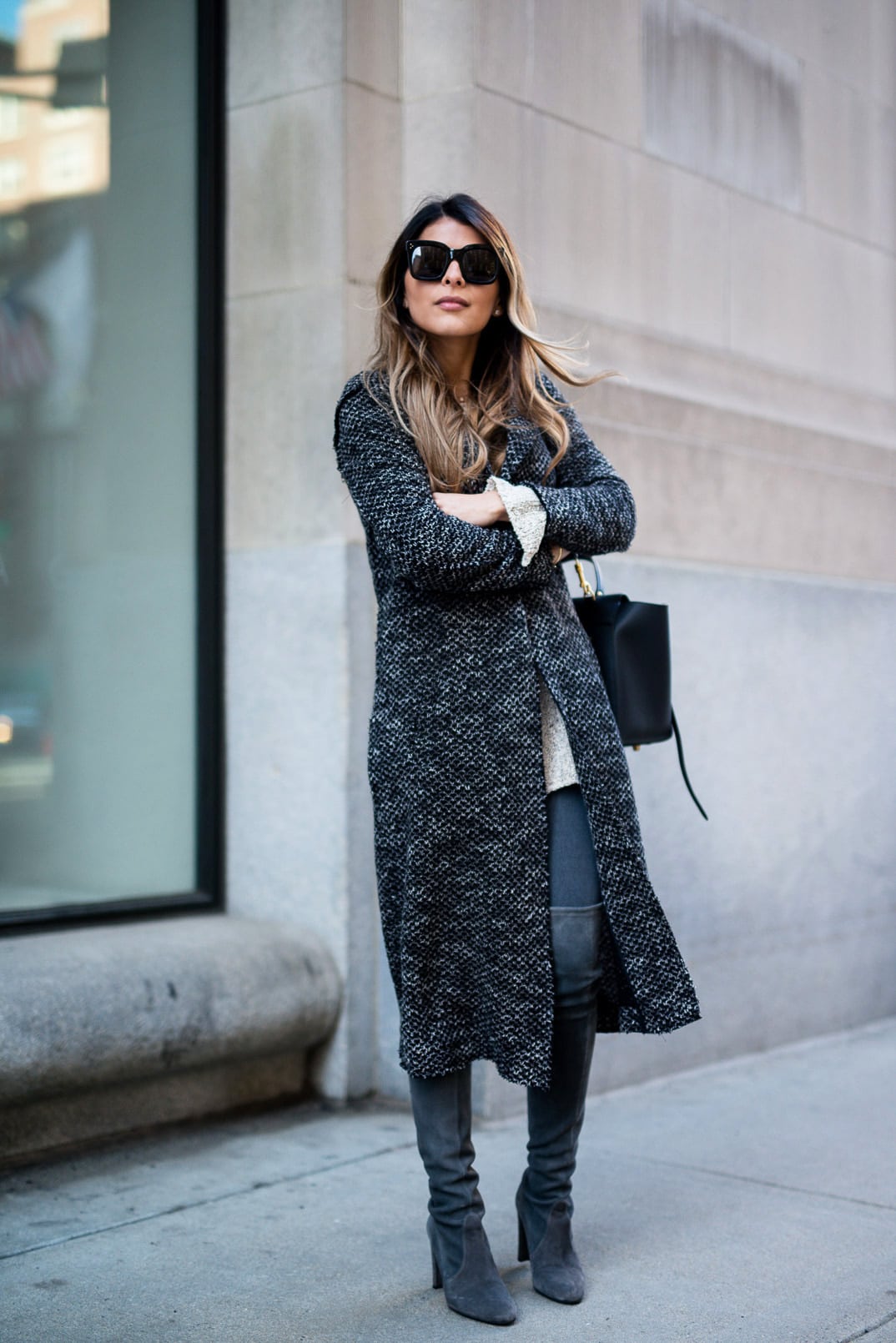 Grey Jeans Outfit with long black cardigan