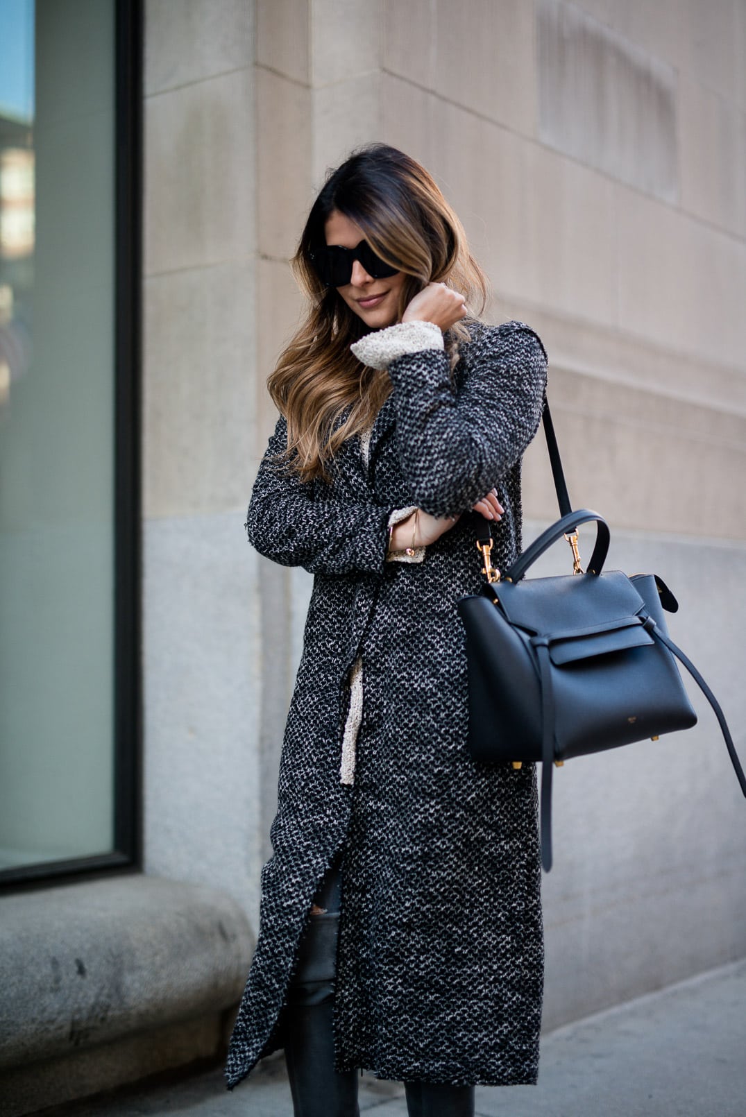 Pam Hetlinger, The Girl From Panama wearing a willow and clay tweed cardigan, stuart weitzman highland over the knee boots, topshop grey jeans, h&m grey sweater, celine belt bag, and celine sunglasses.