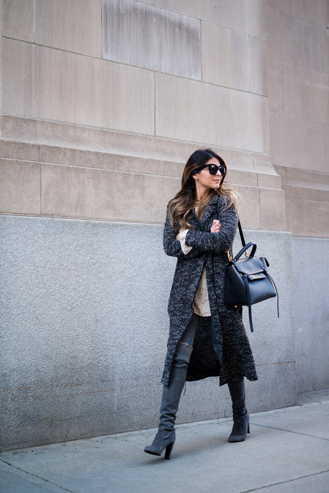 Pam Hetlinger, The Girl From Panama wearing a willow and clay tweed cardigan, stuart weitzman highland over the knee boots, topshop grey jeans, h&m grey sweater, celine belt bag, and celine sunglasses.