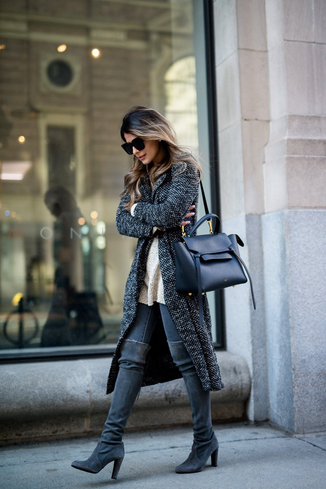 Pam Hetlinger, The Girl From Panama wearing a willow and clay tweed cardigan, stuart weitzman highland over the knee boots, topshop grey jeans, h&m grey sweater, celine belt bag, and celine sunglasses.