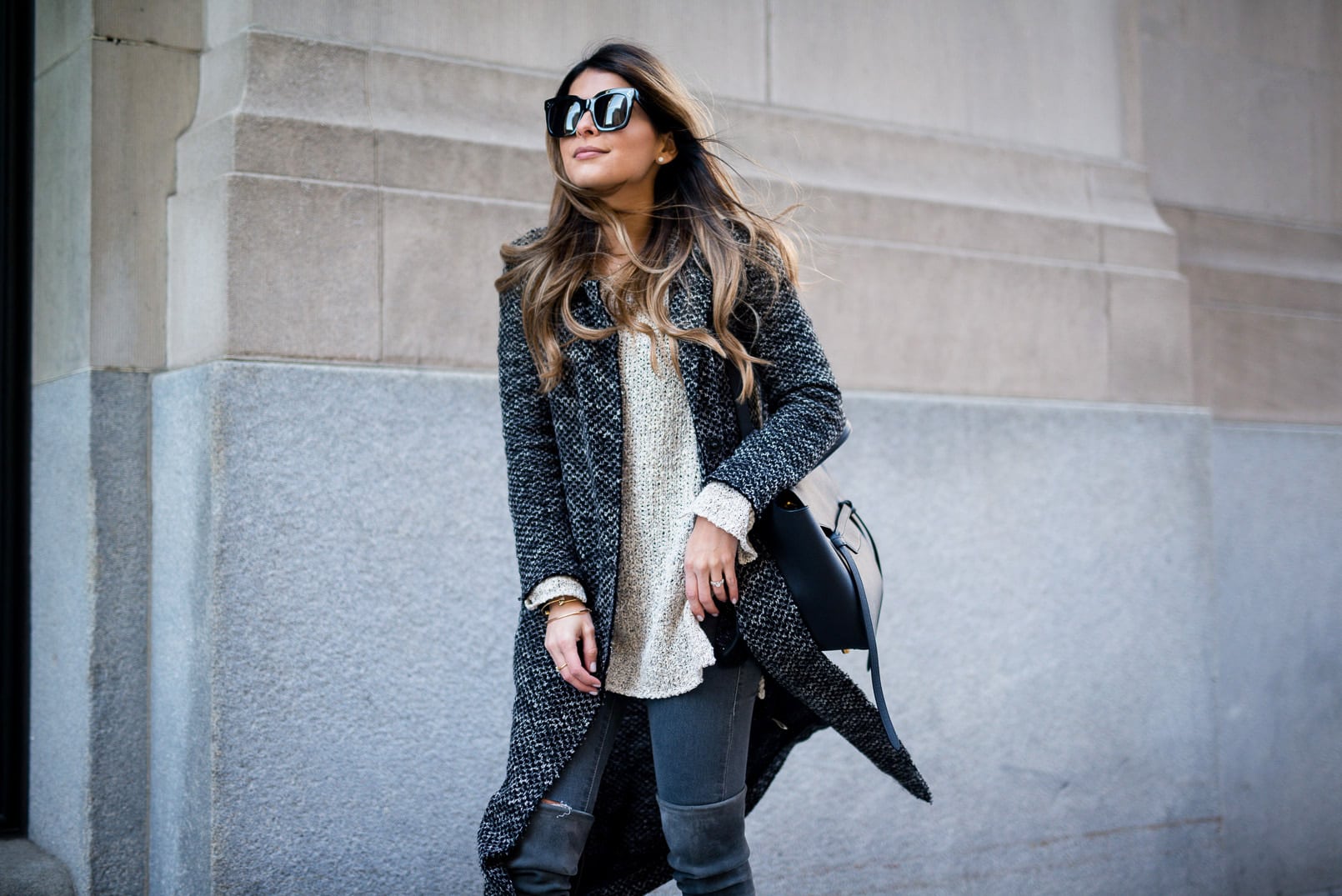 Pam Hetlinger, The Girl From Panama wearing a willow and clay tweed cardigan, stuart weitzman highland over the knee boots, topshop grey jeans, h&m grey sweater, celine belt bag, and celine sunglasses.