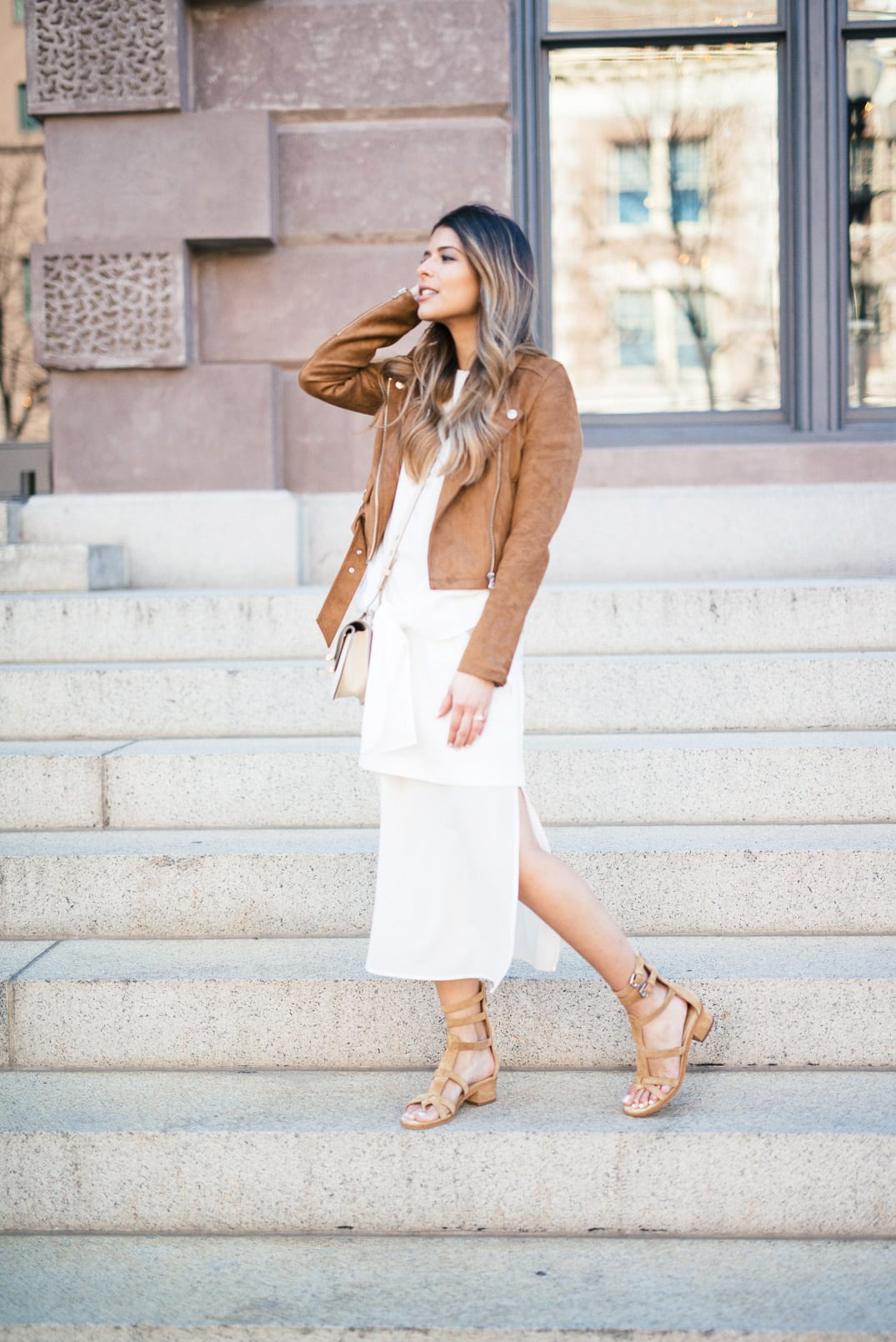 Pam Hetlinger, The Girl From Panama wearing a J.O.A tie front dress, marc fisher fawn gladiator sandals, aritzia camel suede jacket, and chloe georgia bag.