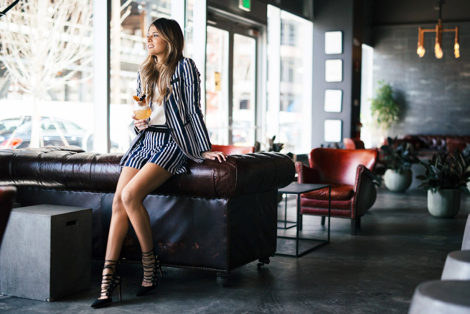 Rag & Bone Striped Blazer and Shorts, Aquazzura Amazon Lace-Up Leather Sandals, Chanel J12 Watch