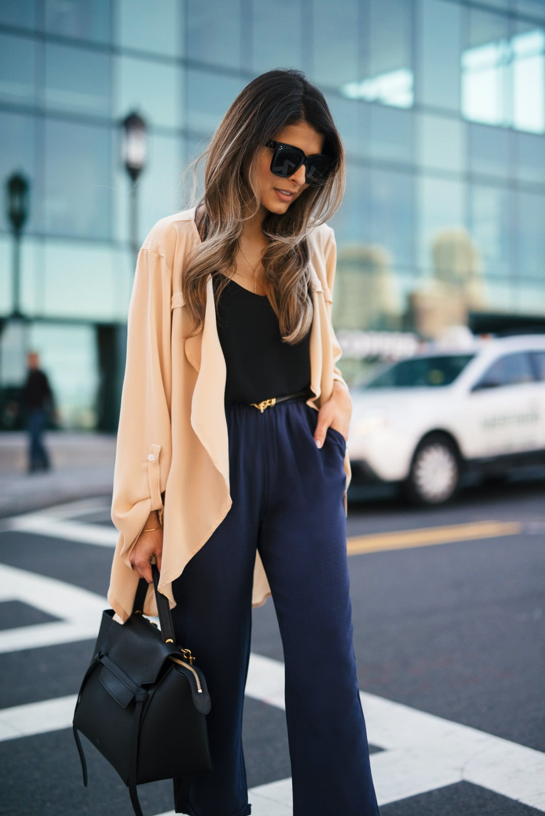 goodnight macaroon linen trousers, celine belt bag, celine sunglasses, striped shirt, leather jacket, Steve Madden Christey' Wraparound Ankle Tie Sandal-4 copy copy