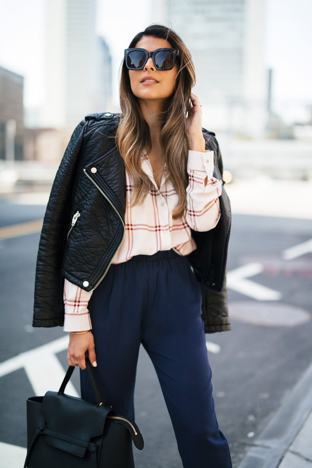 goodnight macaroon linen trousers, celine belt bag, celine sunglasses, striped shirt, leather jacket, Steve Madden Christey' Wraparound Ankle Tie Sandal-4 copy copy