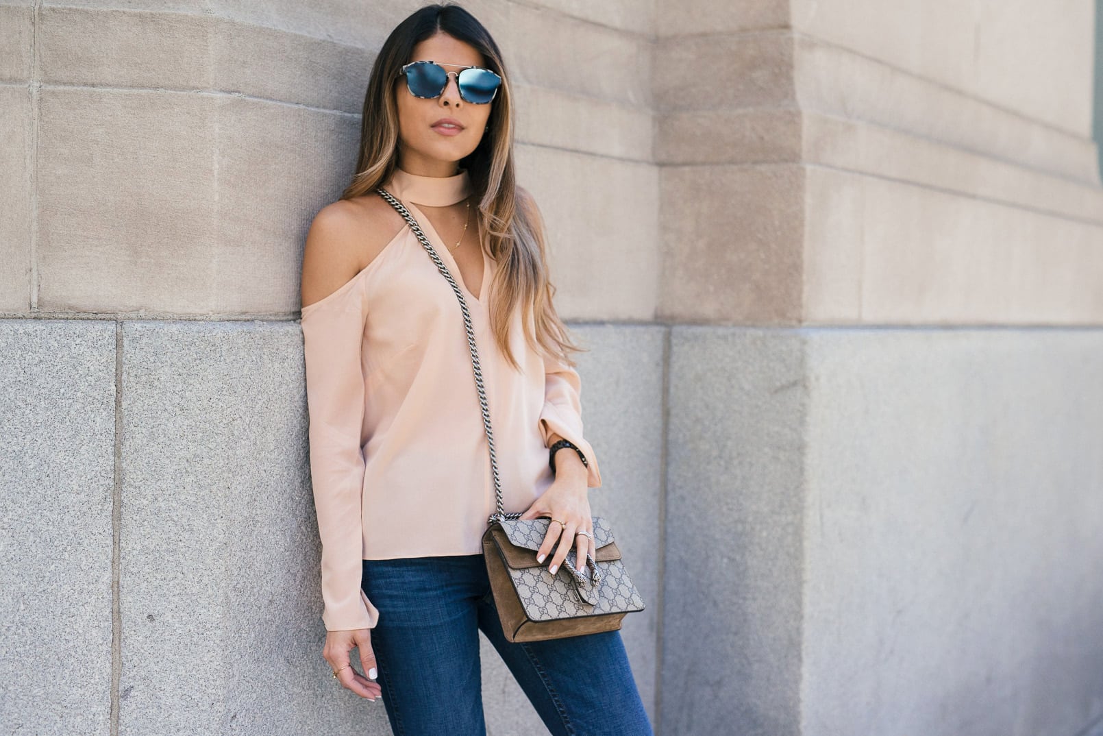 kinders keepers cutout neck band top, madewell jeans, Chloe Wedge Espadrilles, Chanel j12 Watch , Guccy Dionysus bag, Dior abstract mirrored sunglasses