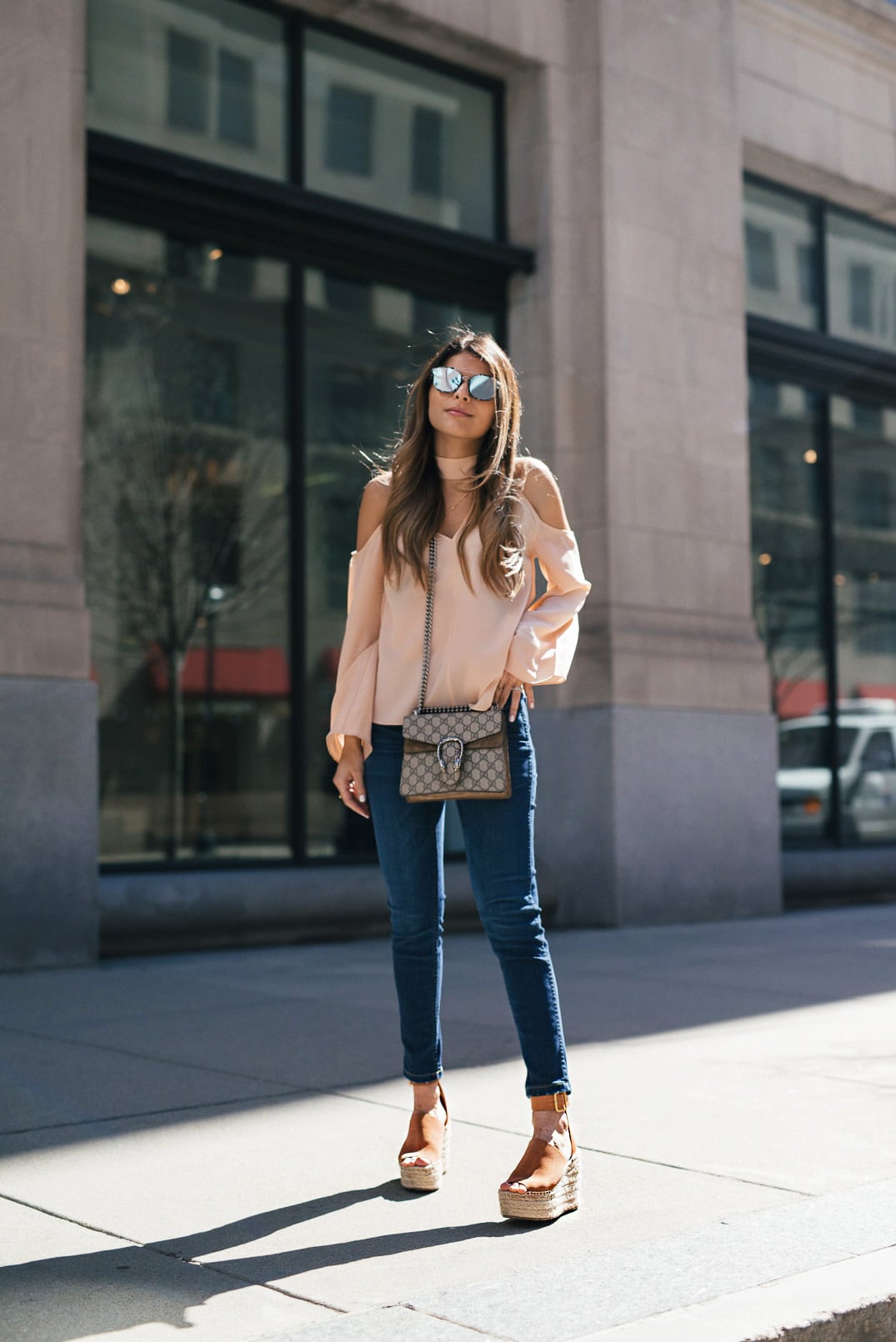kinders keepers cutout neck band top, madewell jeans, Chloe Wedge Espadrilles, Chanel j12 Watch , Guccy Dionysus bag, Dior abstract mirrored sunglasses