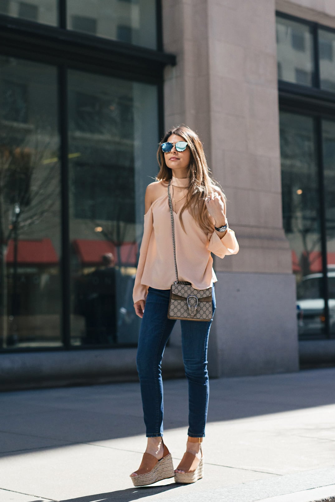 kinders keepers cutout neck band top, madewell jeans, Chloe Wedge Espadrilles, Chanel j12 Watch , Guccy Dionysus bag, Dior abstract mirrored sunglasses