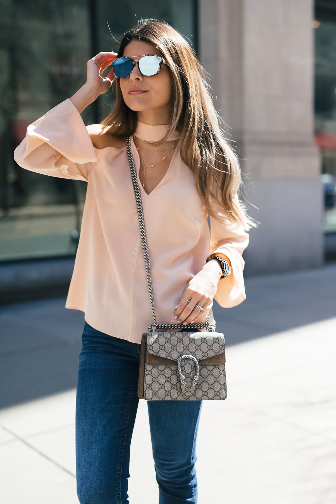 kinders keepers cutout neck band top, madewell jeans, Chloe Wedge Espadrilles, Chanel j12 Watch , Guccy Dionysus bag, Dior abstract mirrored sunglasses