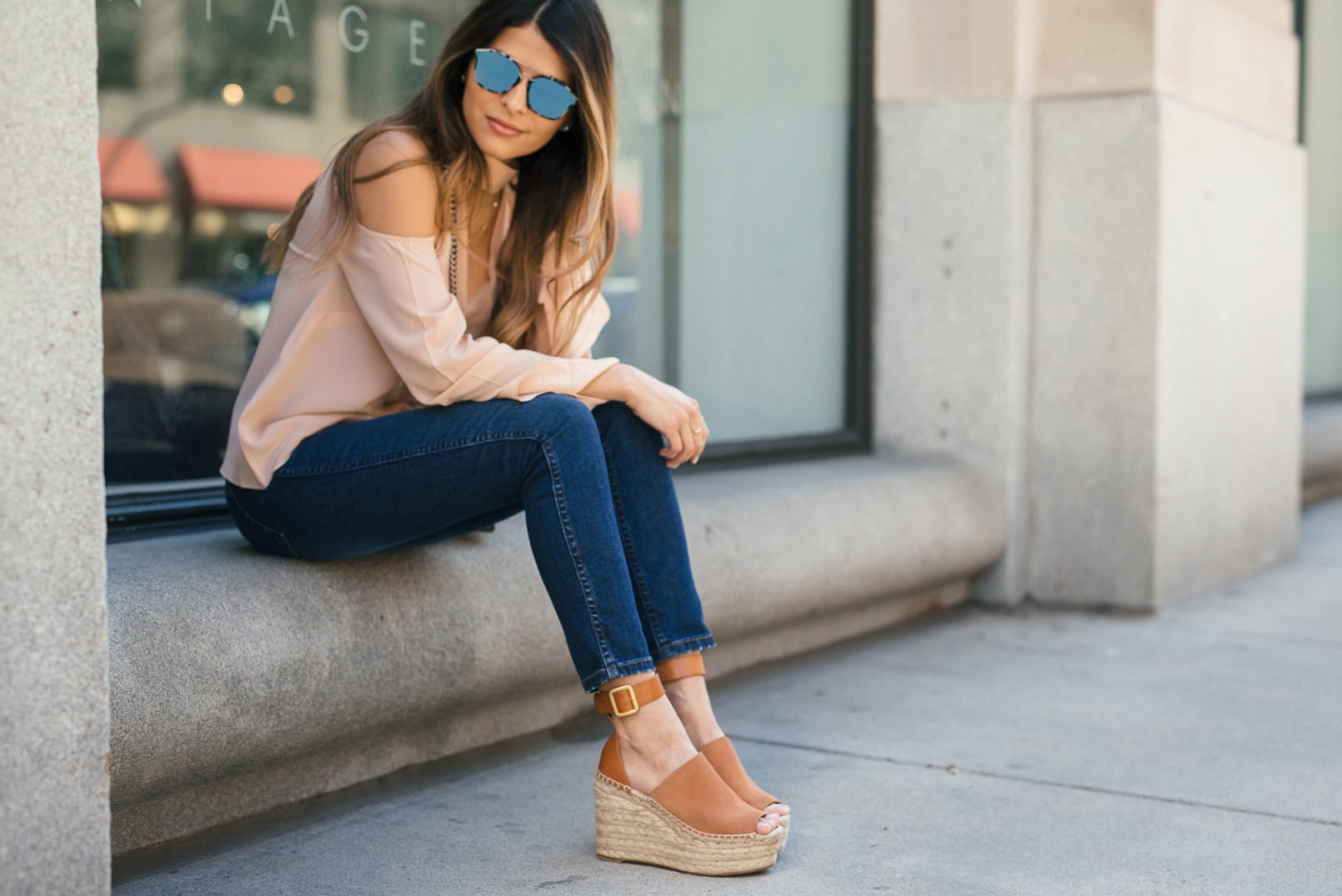 kinders keepers cutout neck band top, madewell jeans, Chloe Wedge Espadrilles, Chanel j12 Watch , Guccy Dionysus bag, Dior abstract mirrored sunglasses