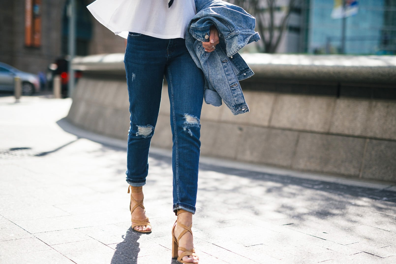 20 off-the-shoulder tops under $75 || mango off-the-shoulder top, topshop boyfriend jeans, ivanka trump --Ivanka Trump Kiernan Lace-Up Sandal, Ann Taylor Scarf, Chloe Drew Bag.