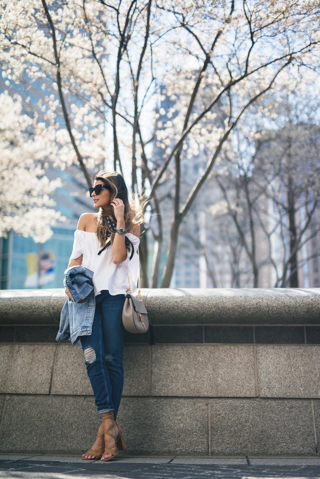 20 off-the-shoulder tops under $75 || mango off-the-shoulder top, topshop boyfriend jeans, ivanka trump --Ivanka Trump Kiernan Lace-Up Sandal, Ann Taylor Scarf, Chloe Drew Bag.