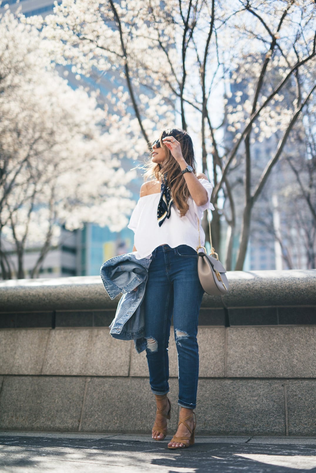 20 off-the-shoulder tops under $75 || mango off-the-shoulder top, topshop boyfriend jeans, ivanka trump --Ivanka Trump Kiernan Lace-Up Sandal, Ann Taylor Scarf, Chloe Drew Bag.