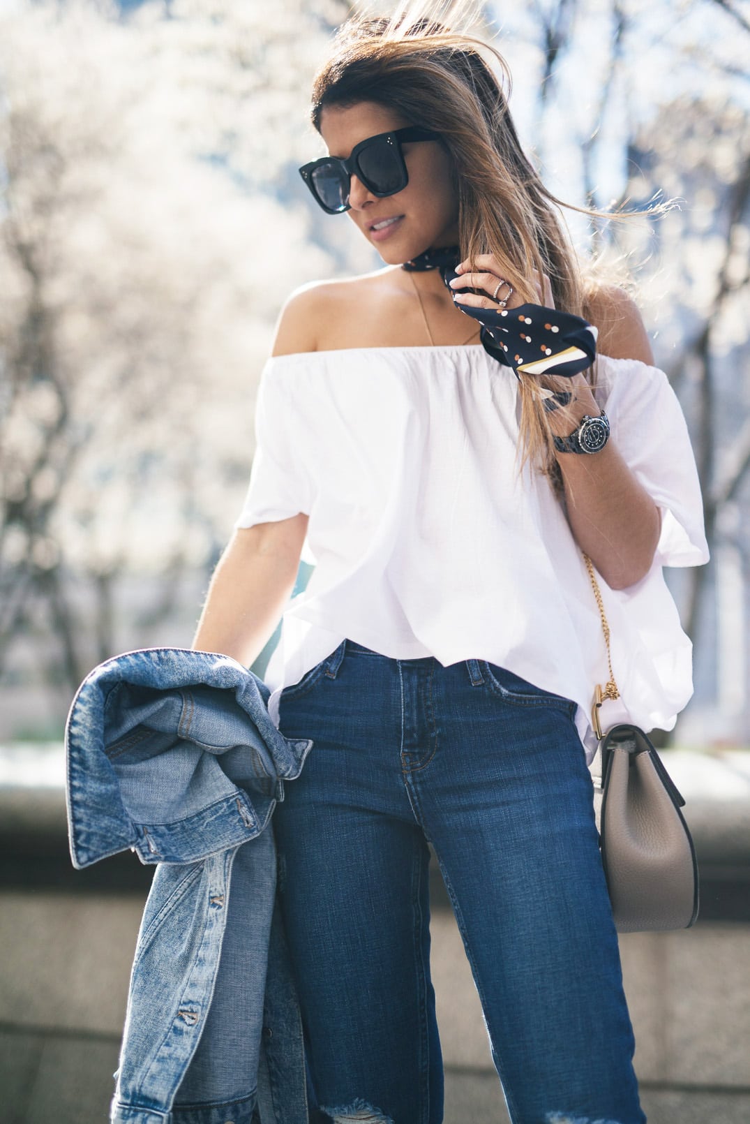 20 off-the-shoulder tops under $75 || mango off-the-shoulder top, topshop boyfriend jeans, ivanka trump --Ivanka Trump Kiernan Lace-Up Sandal, Ann Taylor Scarf, Chloe Drew Bag.