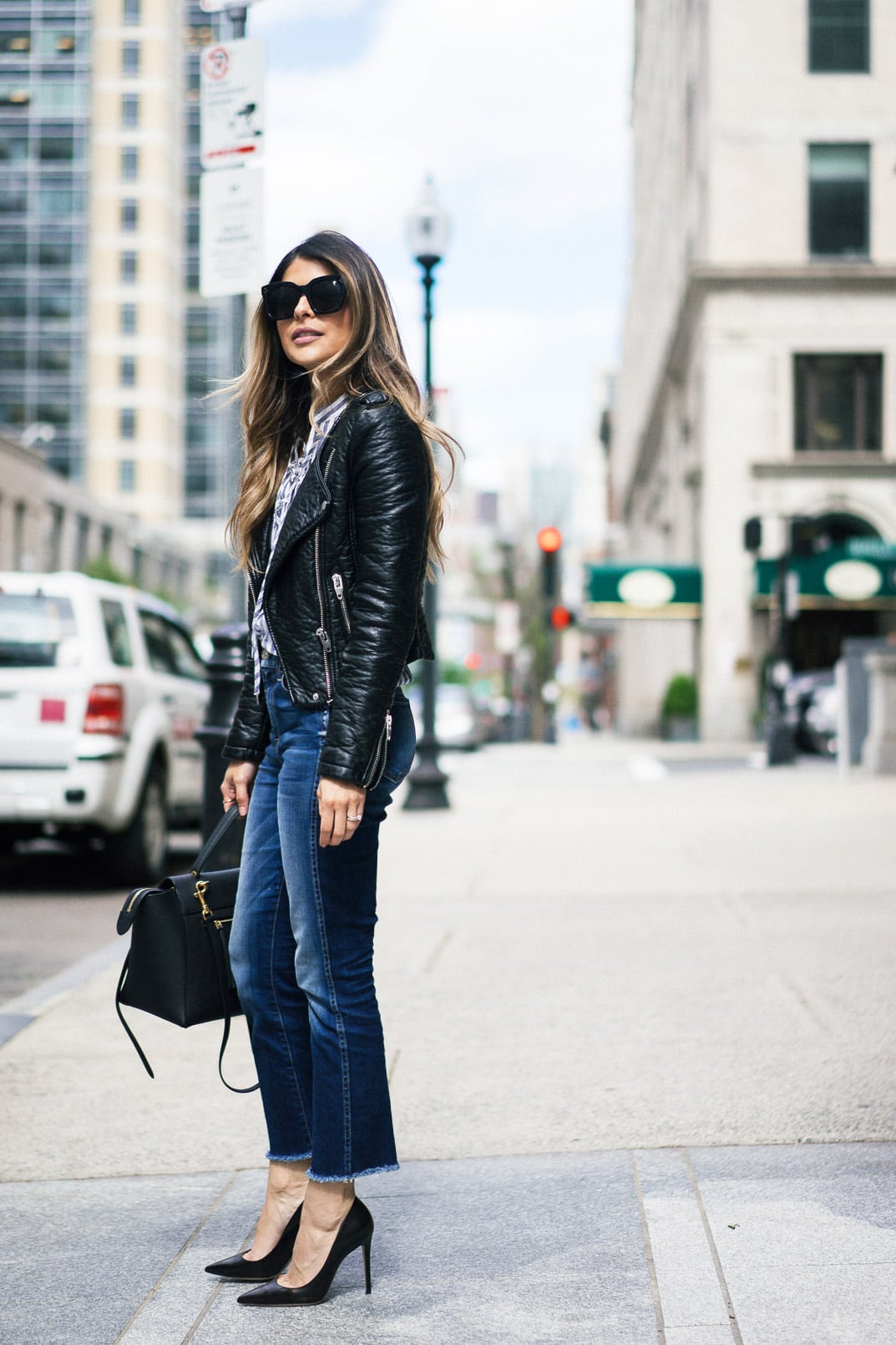 7fam ankle skinny jeans, black pumps, leather jacket, lace-up shirt, back to basics, casual look