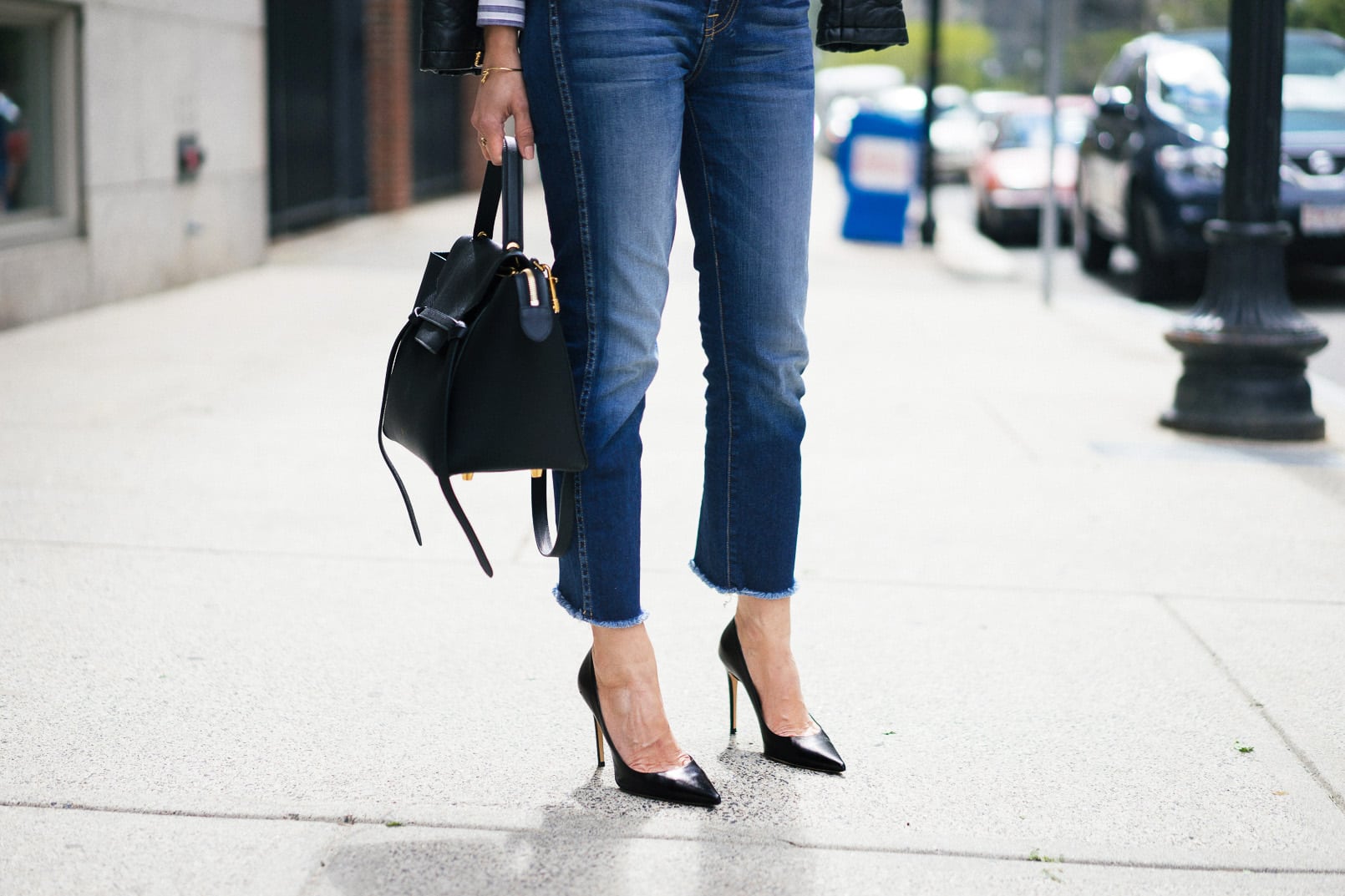 7fam ankle skinny jeans, black pumps, leather jacket, lace-up shirt, back to basics, casual look