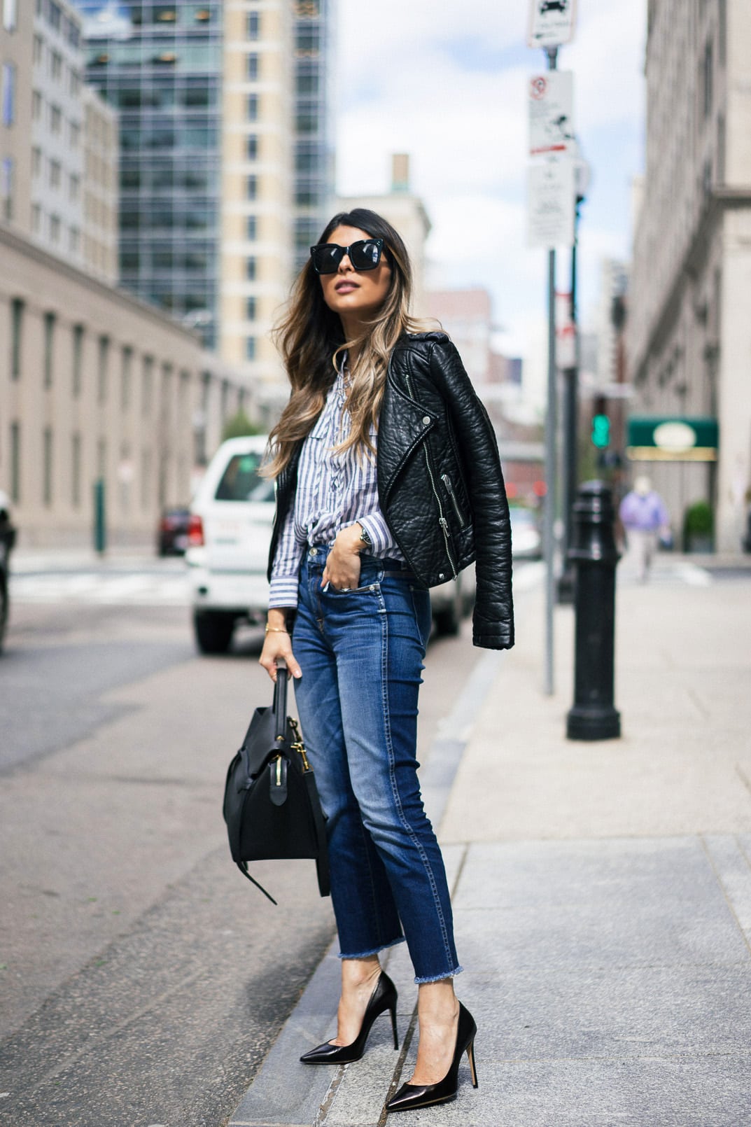 7fam ankle skinny jeans, black pumps, leather jacket, lace-up shirt, back to basics, casual look