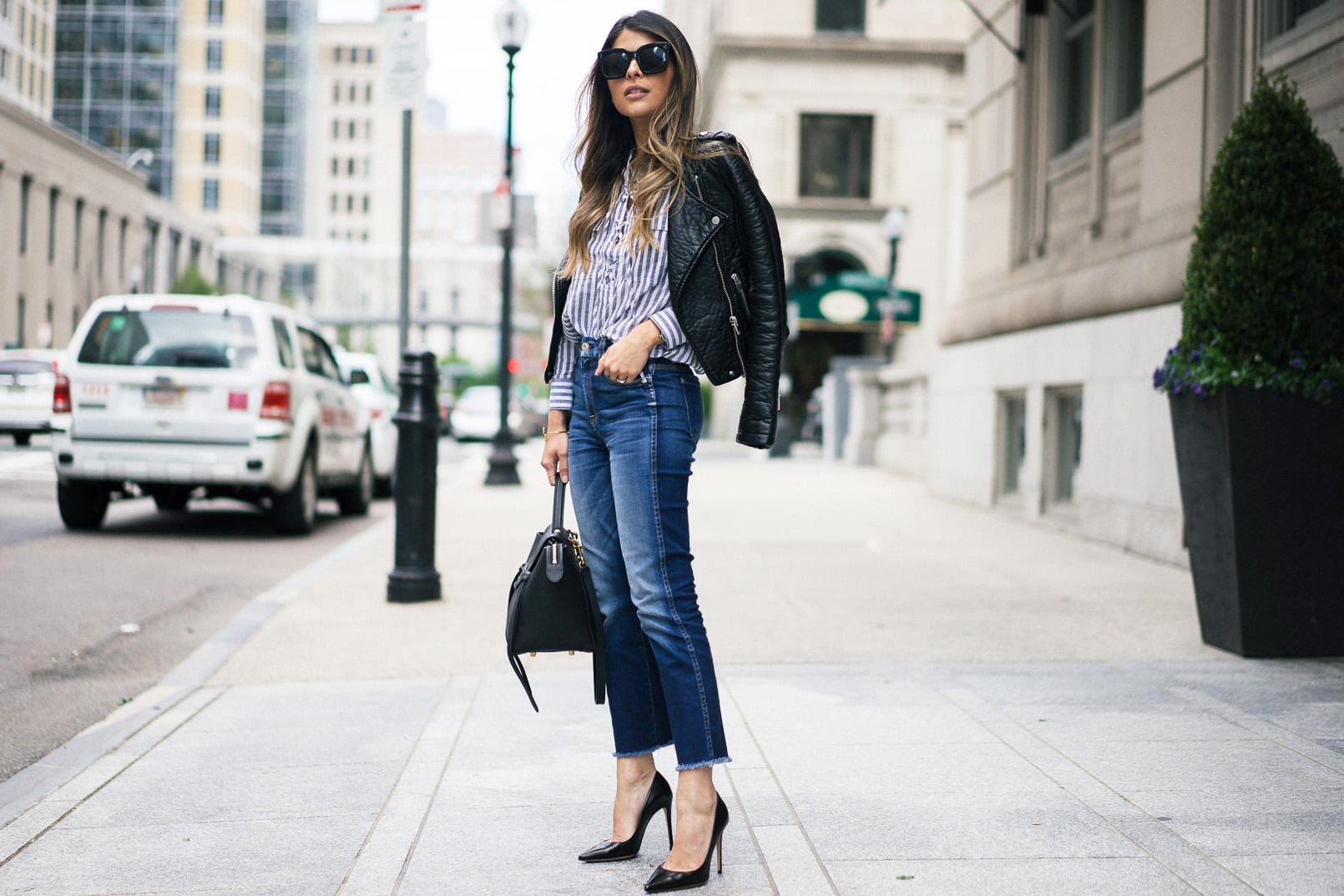 7fam ankle skinny jeans, black pumps, leather jacket, lace-up shirt, back to basics, casual look