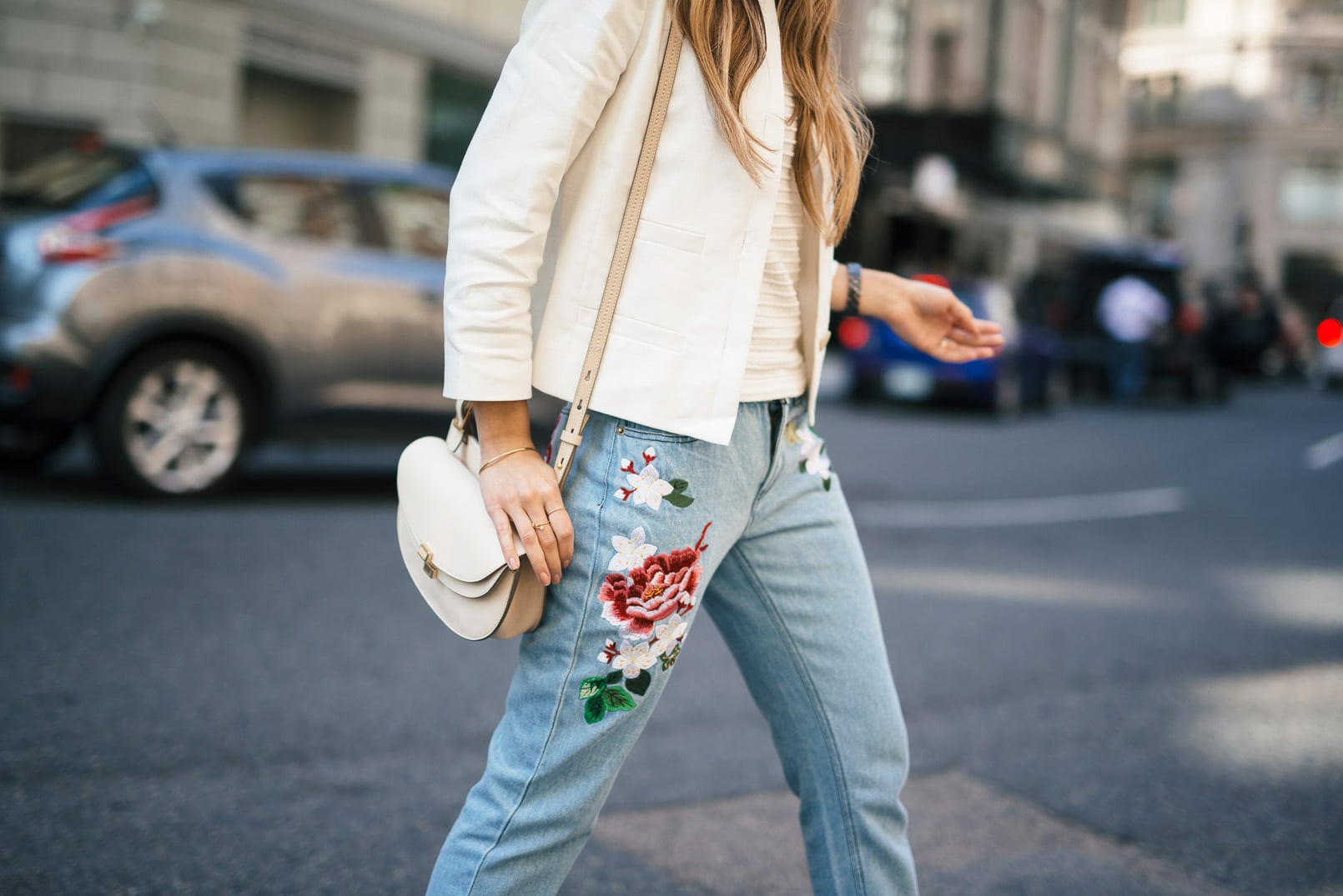 Embroidered Jeans | The Girl From Panama- Ribbed Sleeveless Sweater, Ann Taylor Linen Jacket, Braided Strappy Sandals, Chloe Georgia bag.