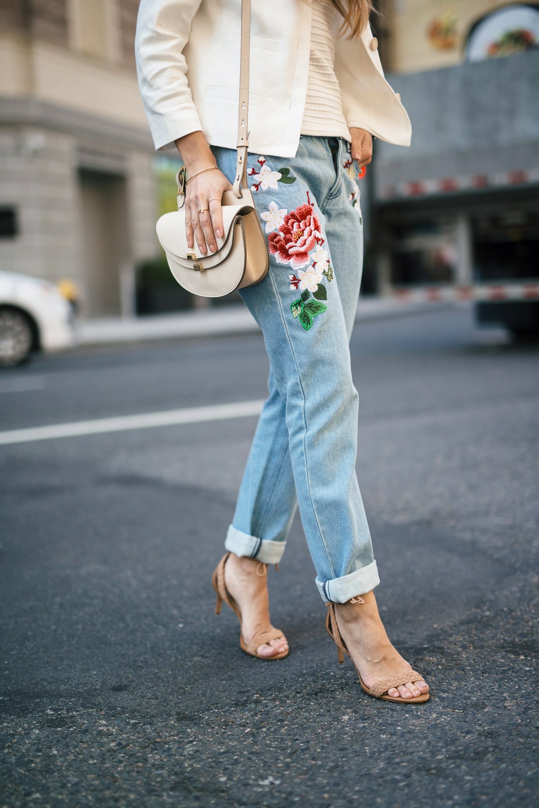 Embroidered Jeans | The Girl From Panama- Ribbed Sleeveless Sweater, Ann Taylor Linen Jacket, Braided Strappy Sandals, Chloe Georgia bag.