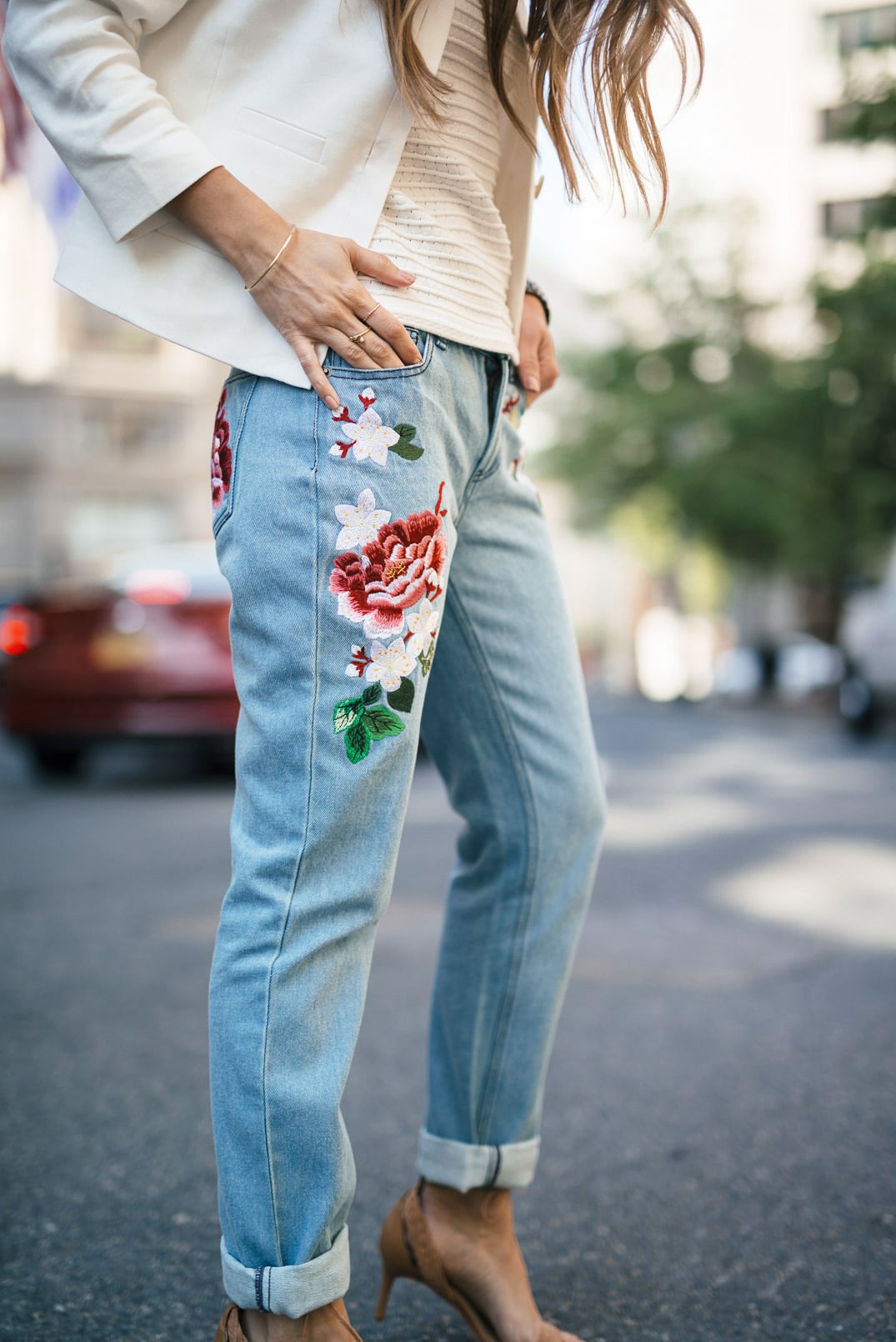 Embroidered Jeans | The Girl From Panama- Ribbed Sleeveless Sweater, Ann Taylor Linen Jacket, Braided Strappy Sandals, Chloe Georgia bag.