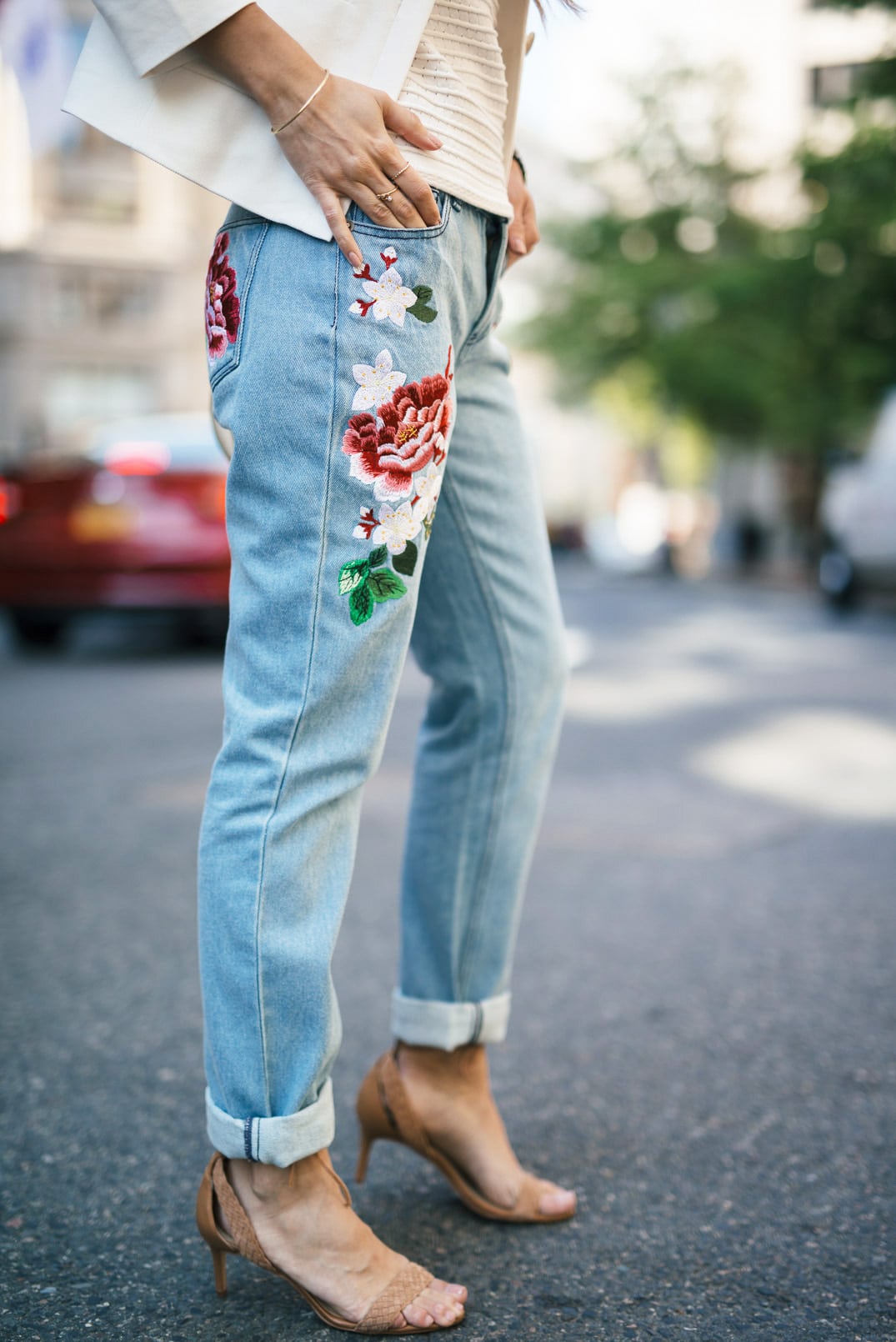 Embroidered Jeans | The Girl From Panama- Ribbed Sleeveless Sweater, Ann Taylor Linen Jacket, Braided Strappy Sandals, Chloe Georgia bag.