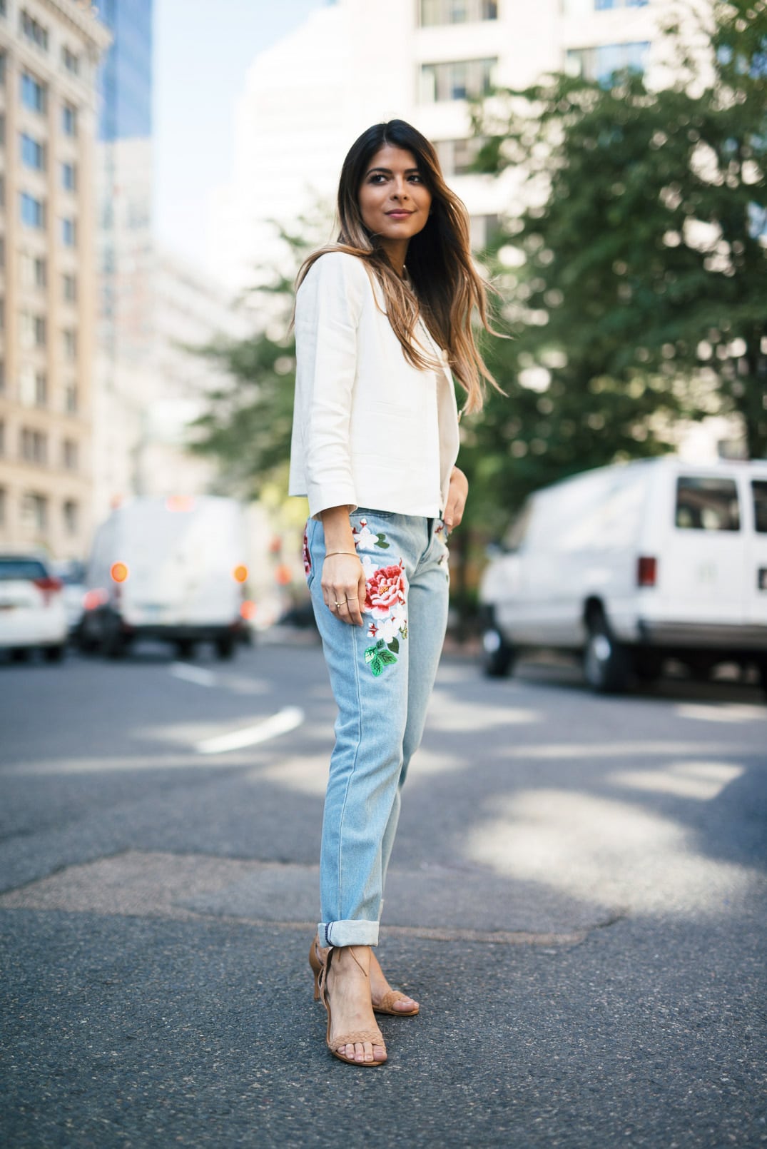 Embroidered Jeans | The Girl From Panama- Ribbed Sleeveless Sweater, Ann Taylor Linen Jacket, Braided Strappy Sandals, Chloe Georgia bag.