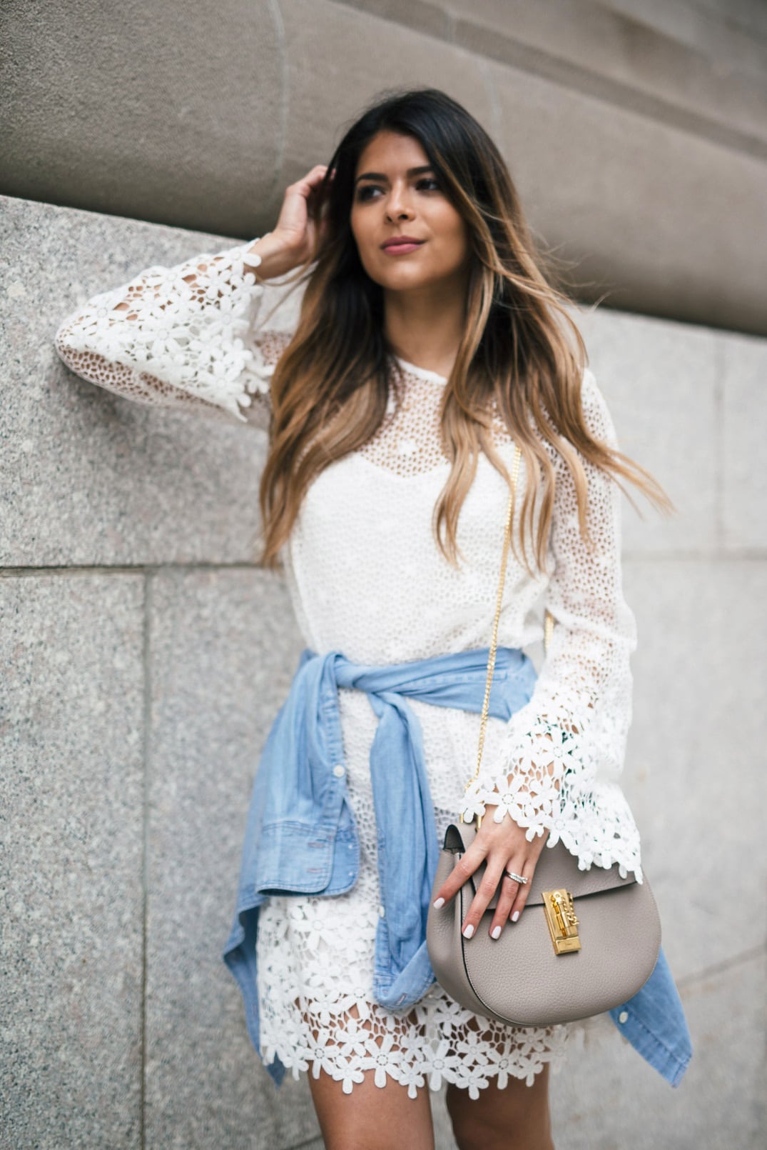 Lace Belled Sleeved Dress | The Girl From Panama- Mango Chloé Espadrilles, Chloe Drew Bag, Chambray Shirt