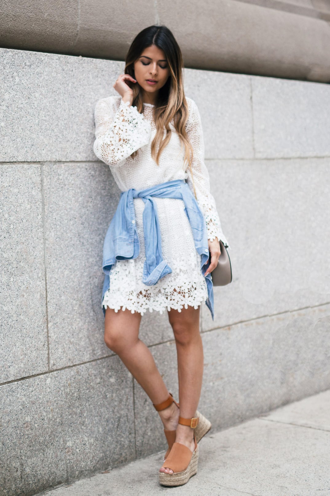 Lace Belled Sleeved Dress | The Girl From Panama- Mango Chloé Espadrilles, Chloe Drew Bag, Chambray Shirt