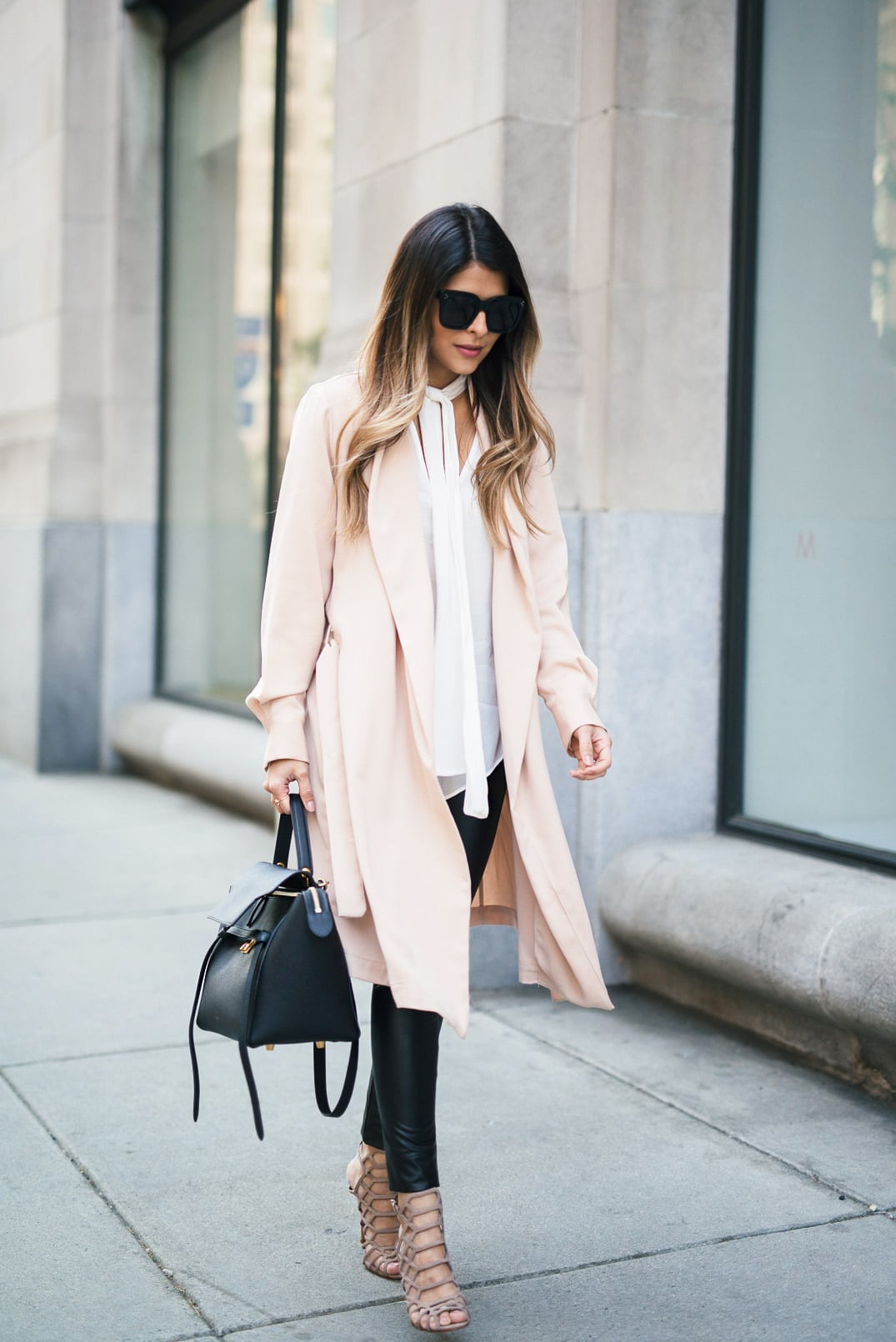 How to Style Faux Leather Leggings | The Girl From Panama - faux leather leggings, Schutz-Juliana Caged Sandals, tie neck blouse, Céline Belt Bag