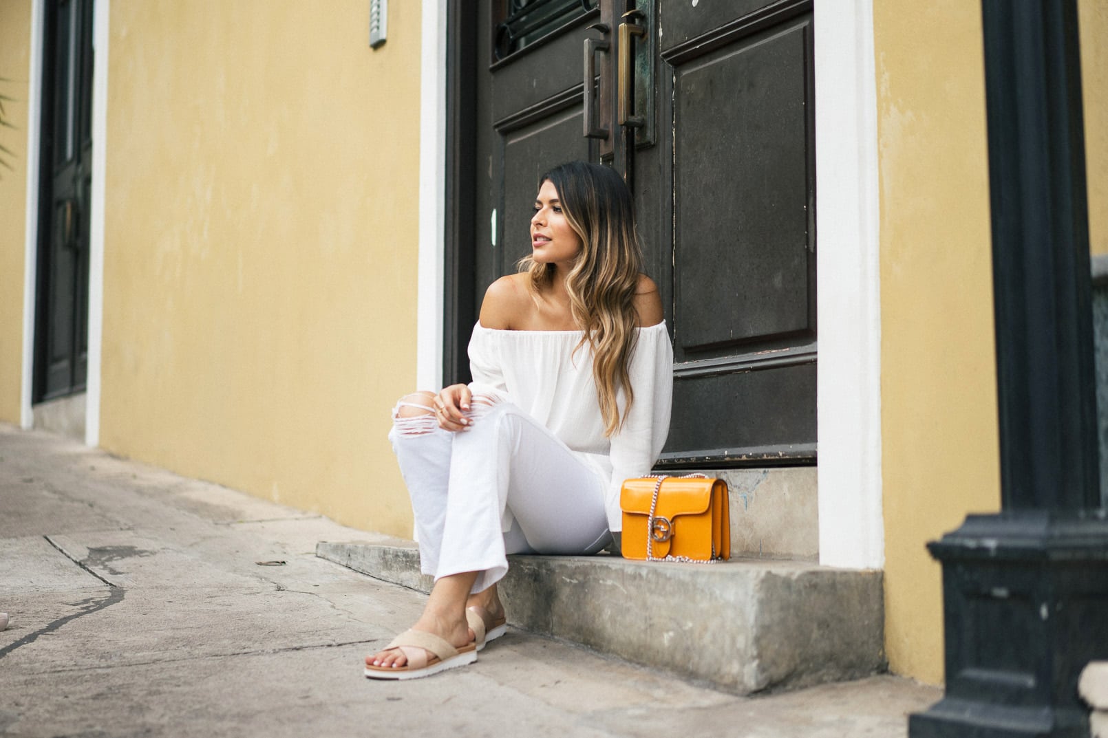How to dress up sandals - UGG Australia Sandals, 7 FAM White flared cropped jeans, white off the shoulder top