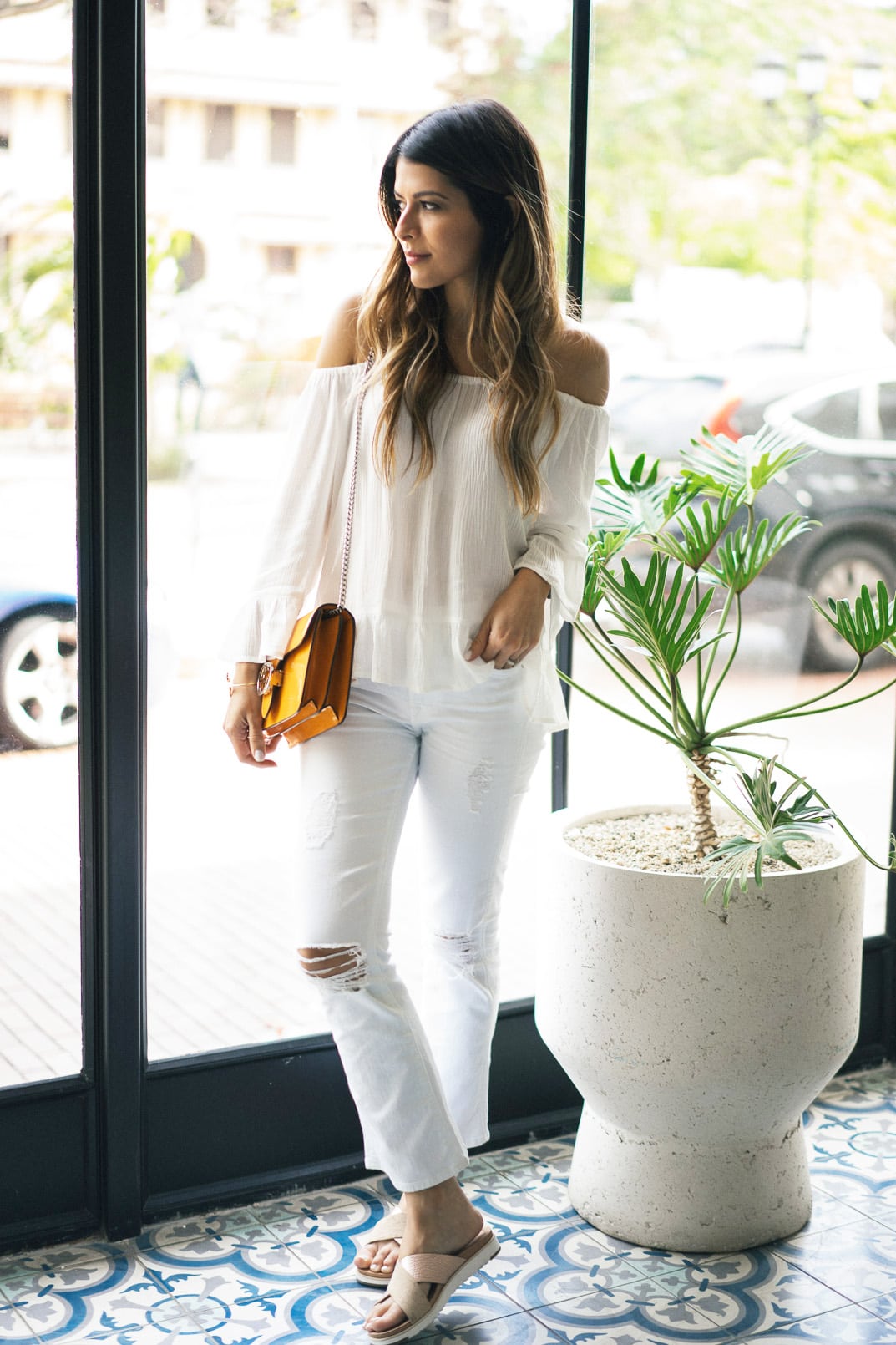 How to dress up sandals - UGG Australia Sandals, 7 FAM White flared cropped jeans, white off the shoulder top