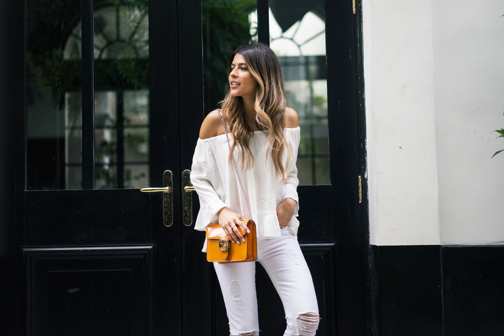 How to dress up sandals - UGG Australia Sandals, 7 FAM White flared cropped jeans, white off the shoulder top