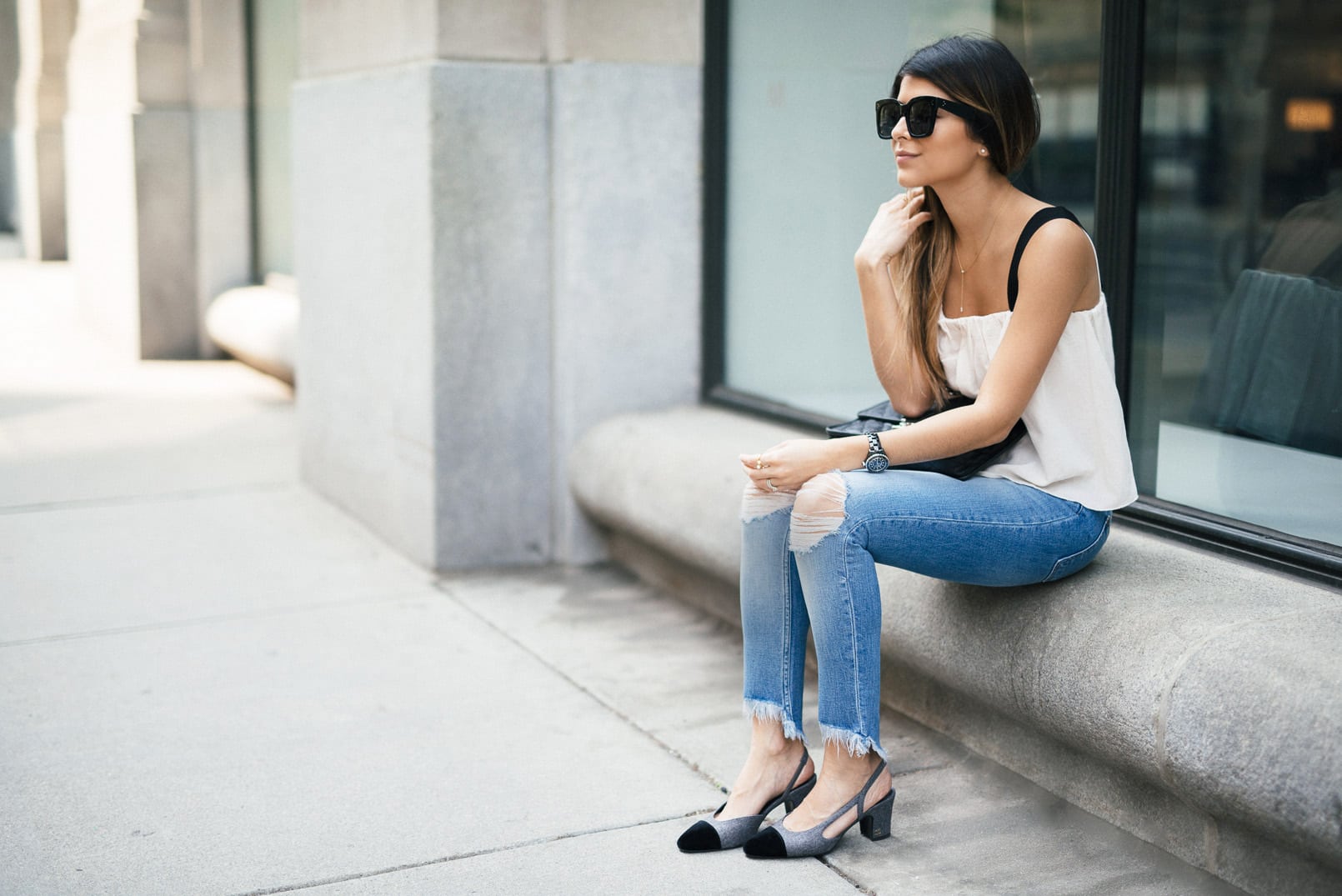 Weekend Casual Look | The Girl From Panama- Mango flowy top, cropped skinny jeans, the chanel slingback, chanel french riviera flap, celine tilda sunglasses.