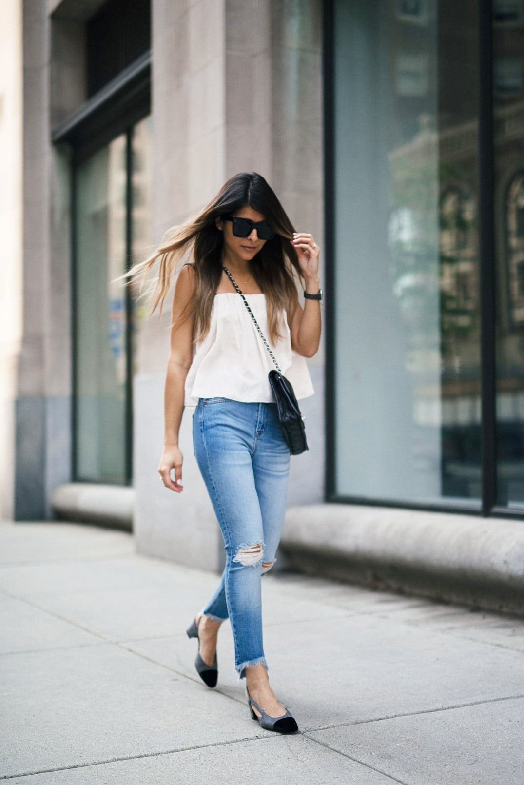 Weekend Casual Look | The Girl From Panama- Mango flowy top, cropped skinny jeans, the chanel slingback, chanel french riviera flap, celine tilda sunglasses.