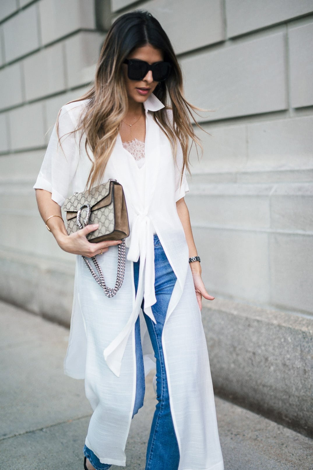 asos shirt dress, mango cropped jeans, asos pointed heeled mules, gucci dionysus bag, celine sunglasses