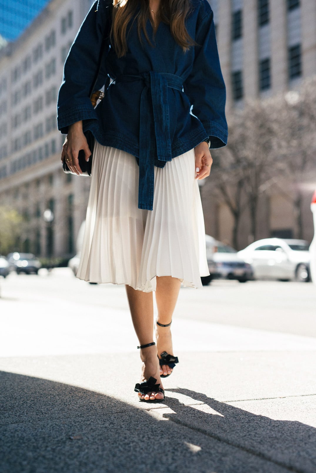 express midi pleated skirt, m.gemi ankle strap heeled sandals, new look denim wrap coat, gucci bamboo top handle bag, celine sunglasses