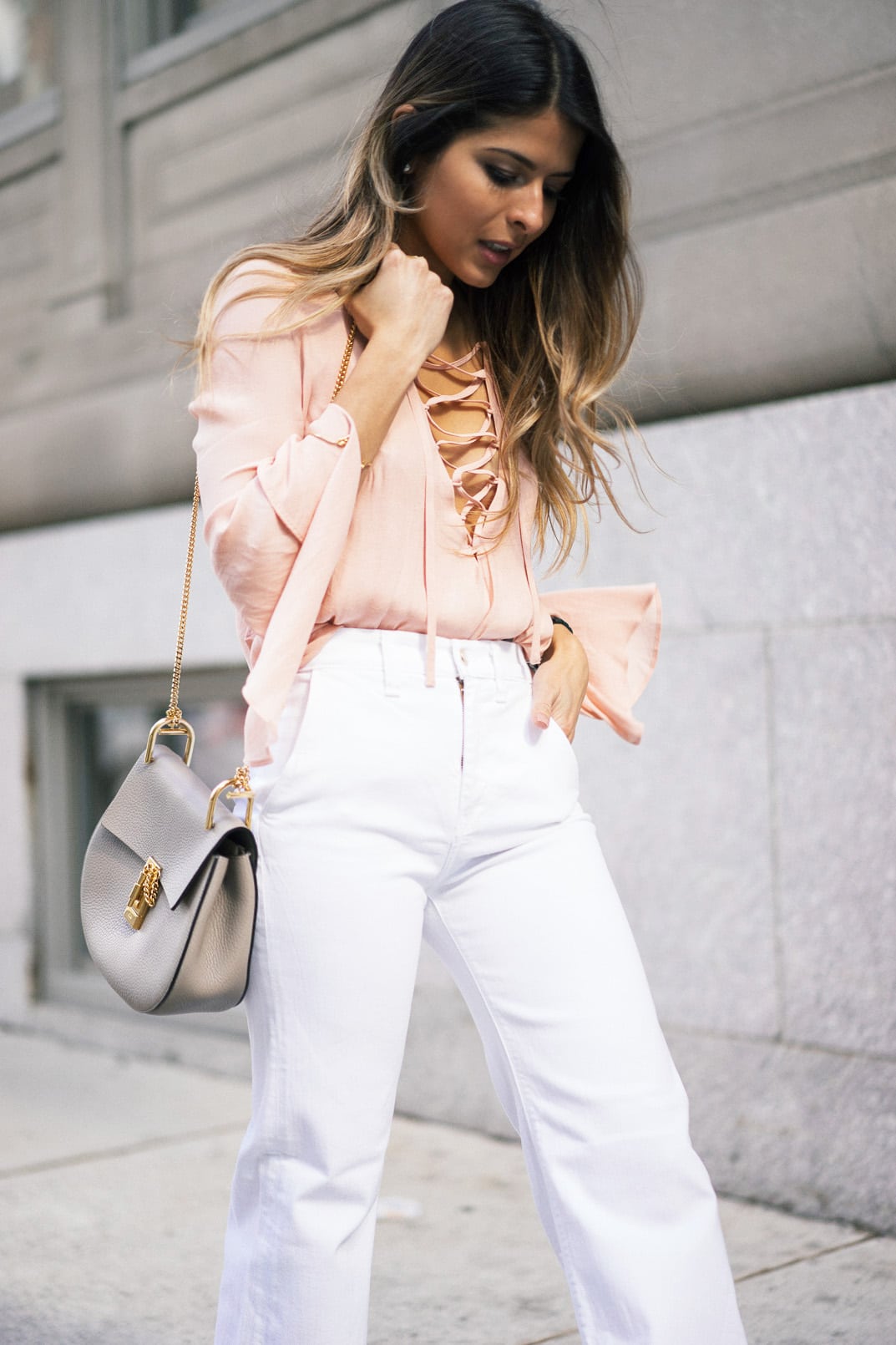 lace-up top, white flare jeans, chloe drew bag, Pam Hetlinger, The Girl From Panama