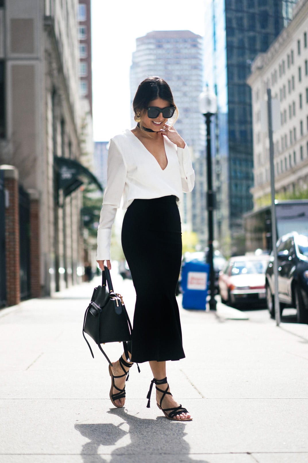 the fifth fluted skirt, capri positano sandals, luisaviaroma, celine, v neck white top, choker, gold earrings, celine belt bag-4 copy