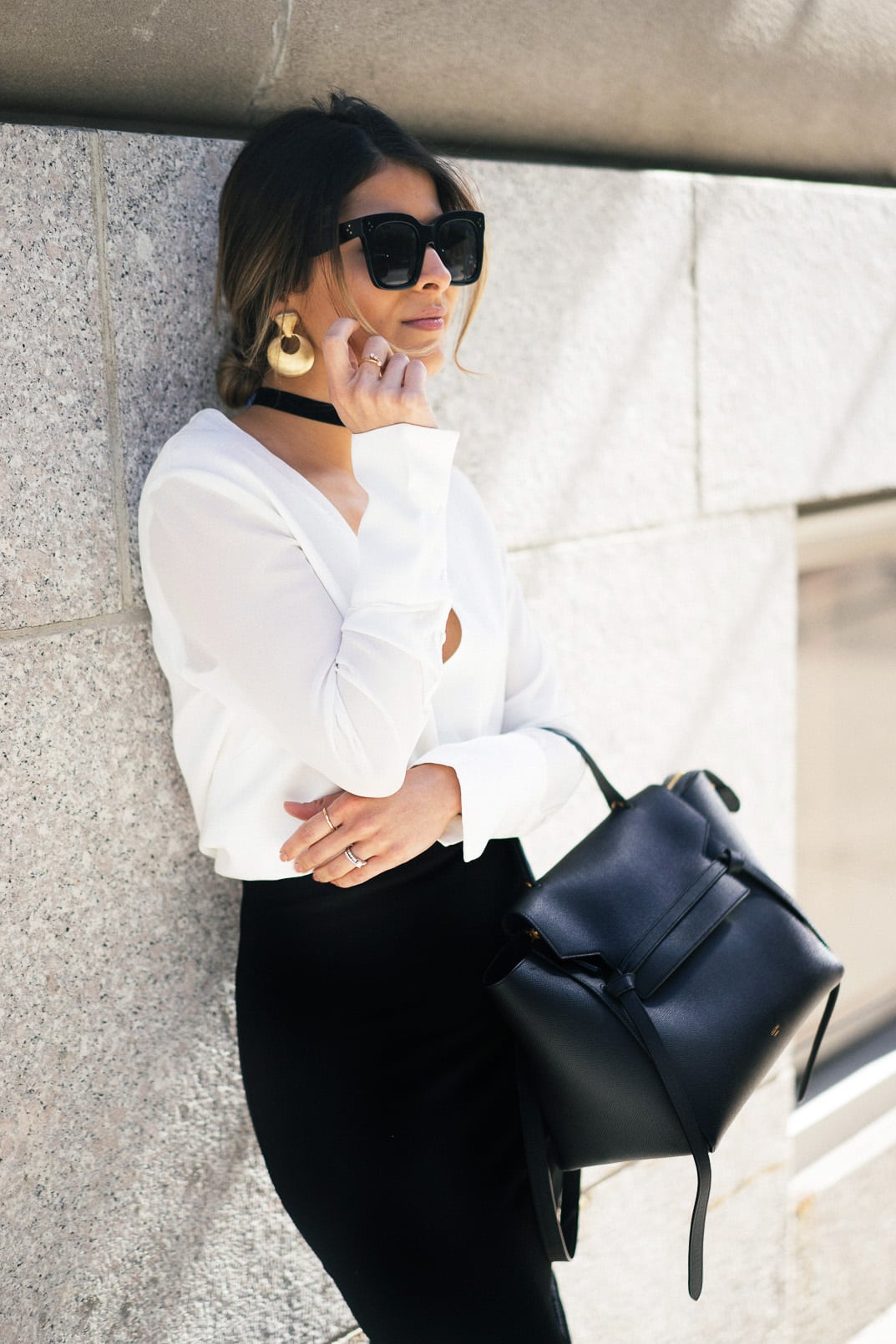 the fifth fluted skirt, capri positano sandals, luisaviaroma, celine, v neck white top, choker, gold earrings, celine belt bag