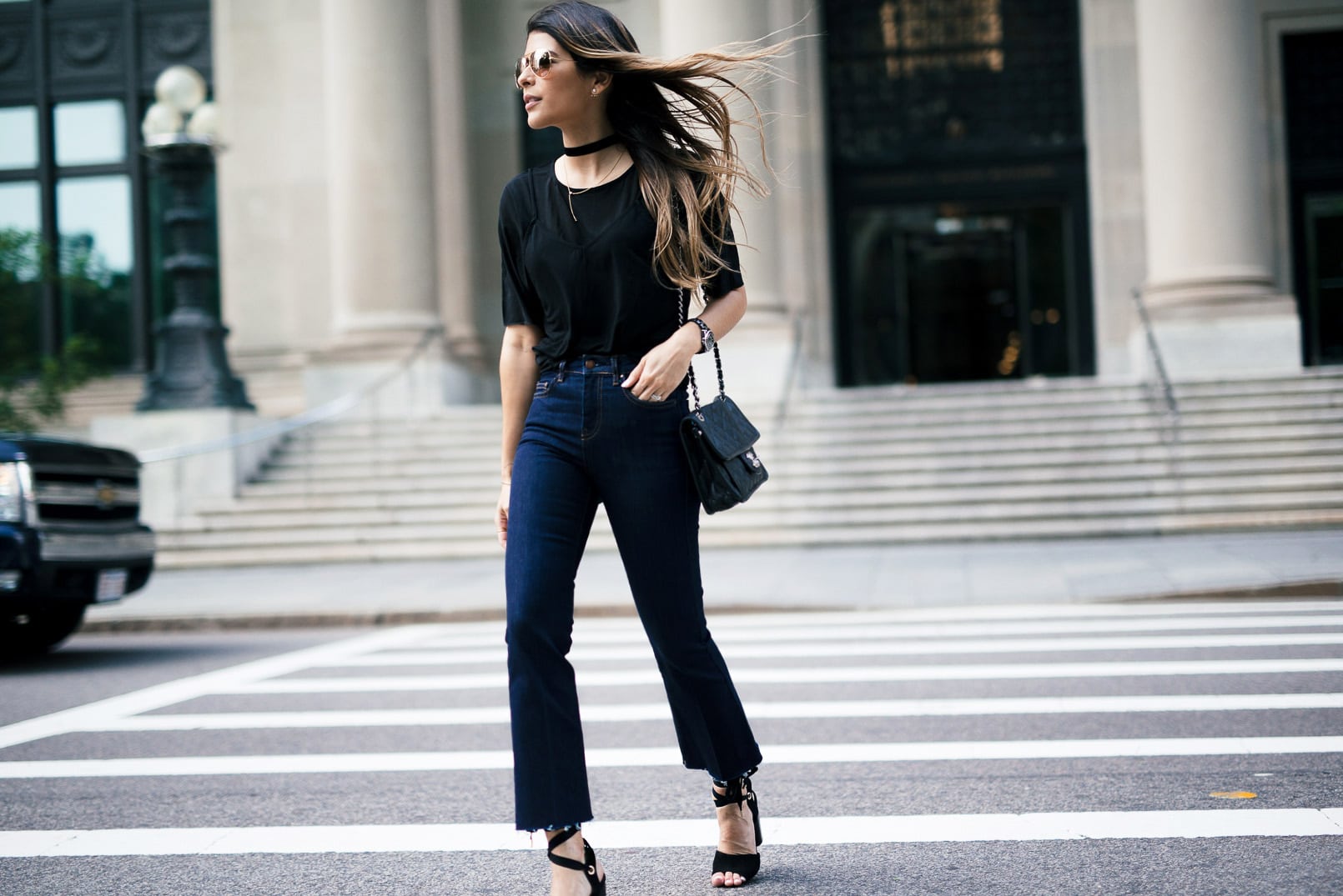 Topshop Moto Raw Hem Crop Kick Flares, Ankle-Tie High Sandals, Sheer Overlay Cami Tee, Chanel French Riviera Bag