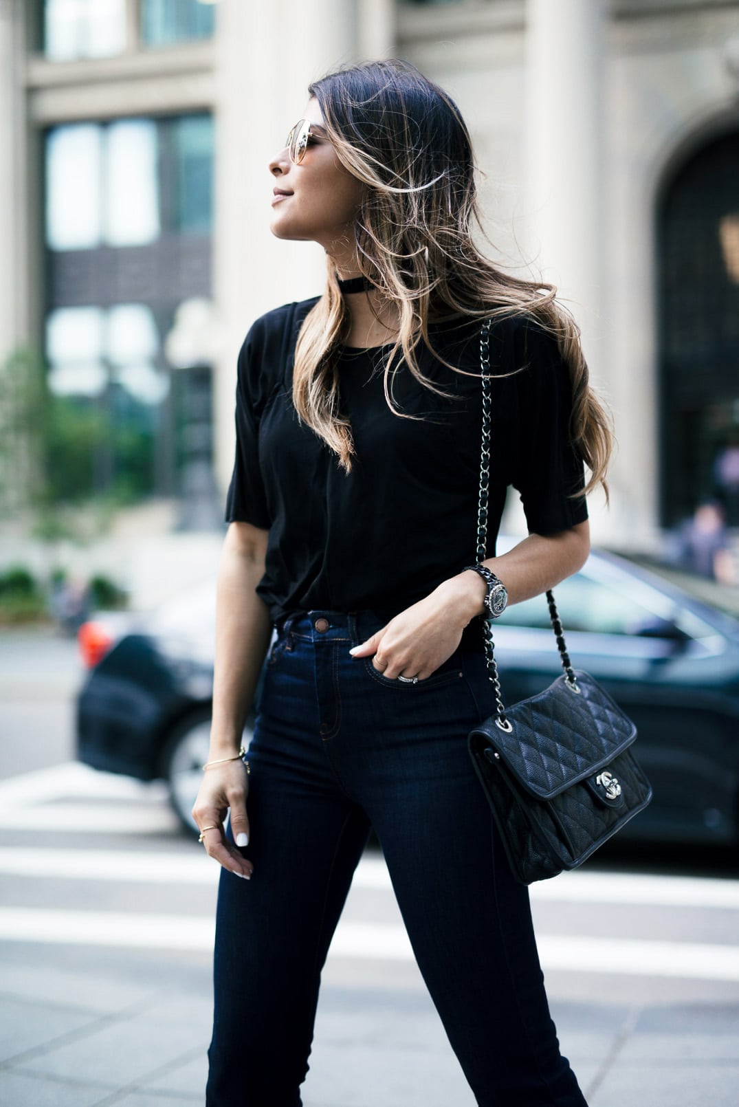 Topshop Moto Raw Hem Crop Kick Flares, Ankle-Tie High Sandals, Sheer Overlay Cami Tee, Chanel French Riviera Bag