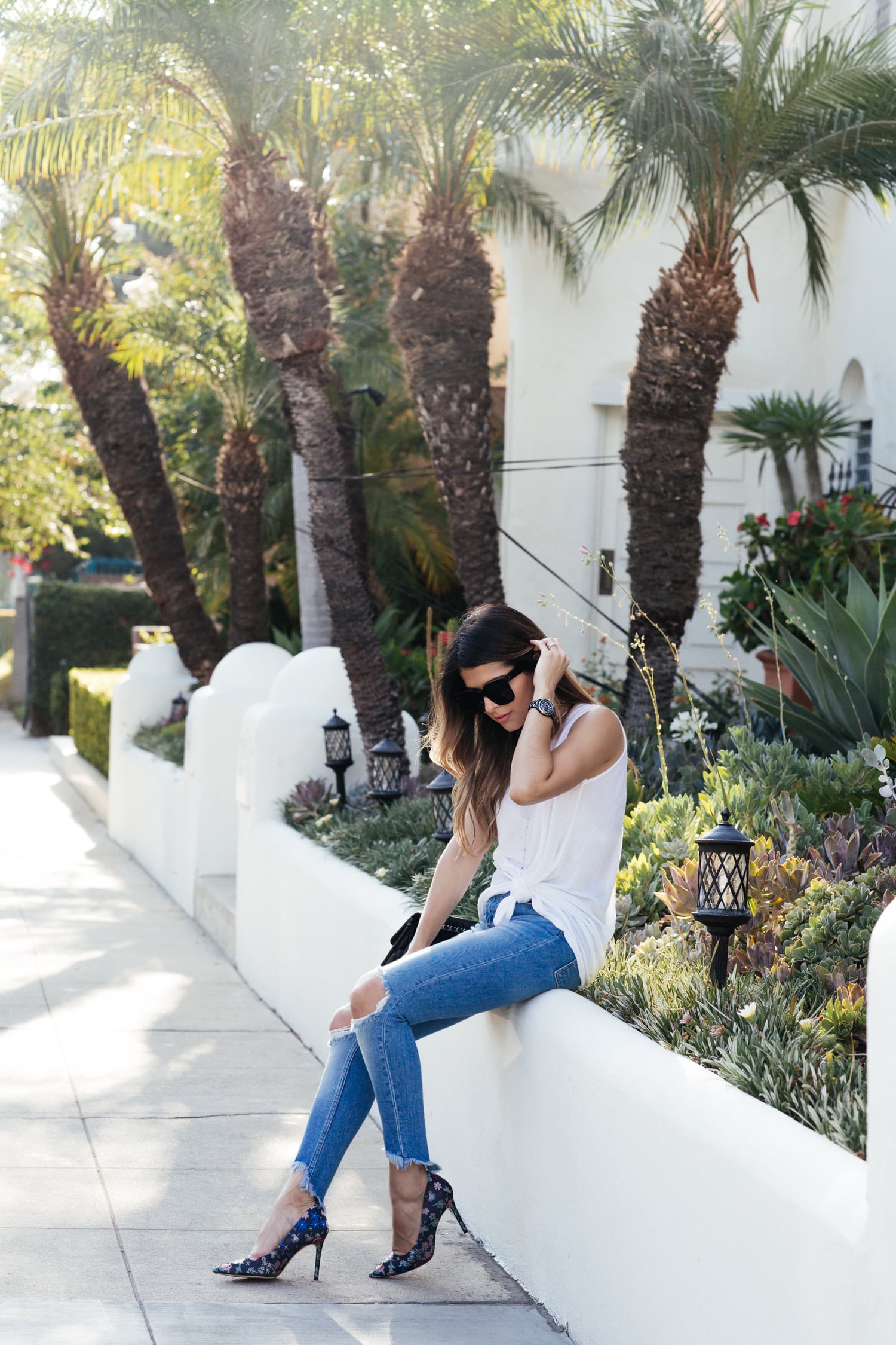 ripped jeans, white tank, floral pumps - Back to Basics | The Girl From Panama @pamhetlinger 