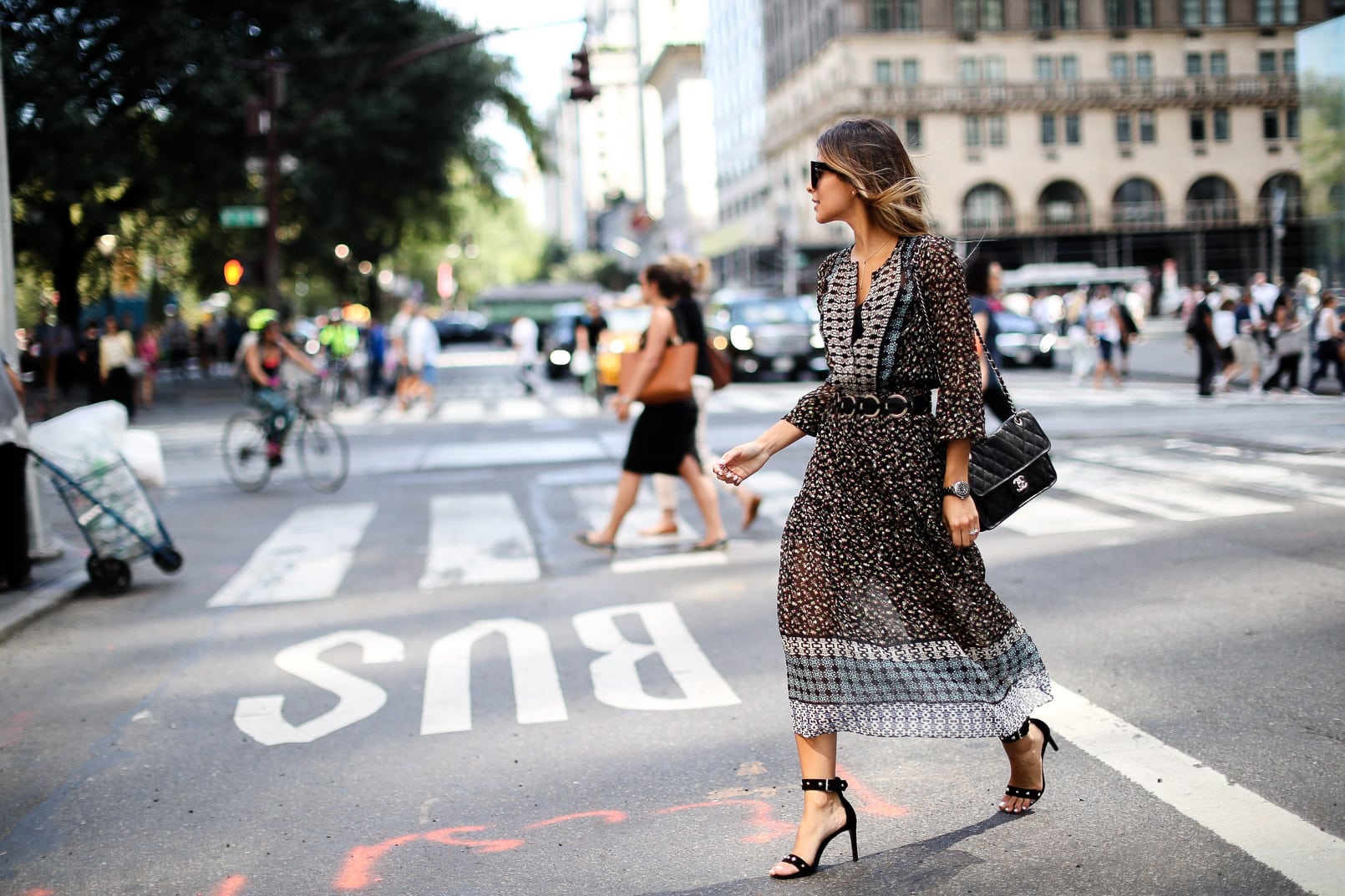 Shoshanna Mara Dress, Maje Sandals, Chanel French Riviera Flap bag, New York Fashion Week | The Girl From Panama @pamhetlinger