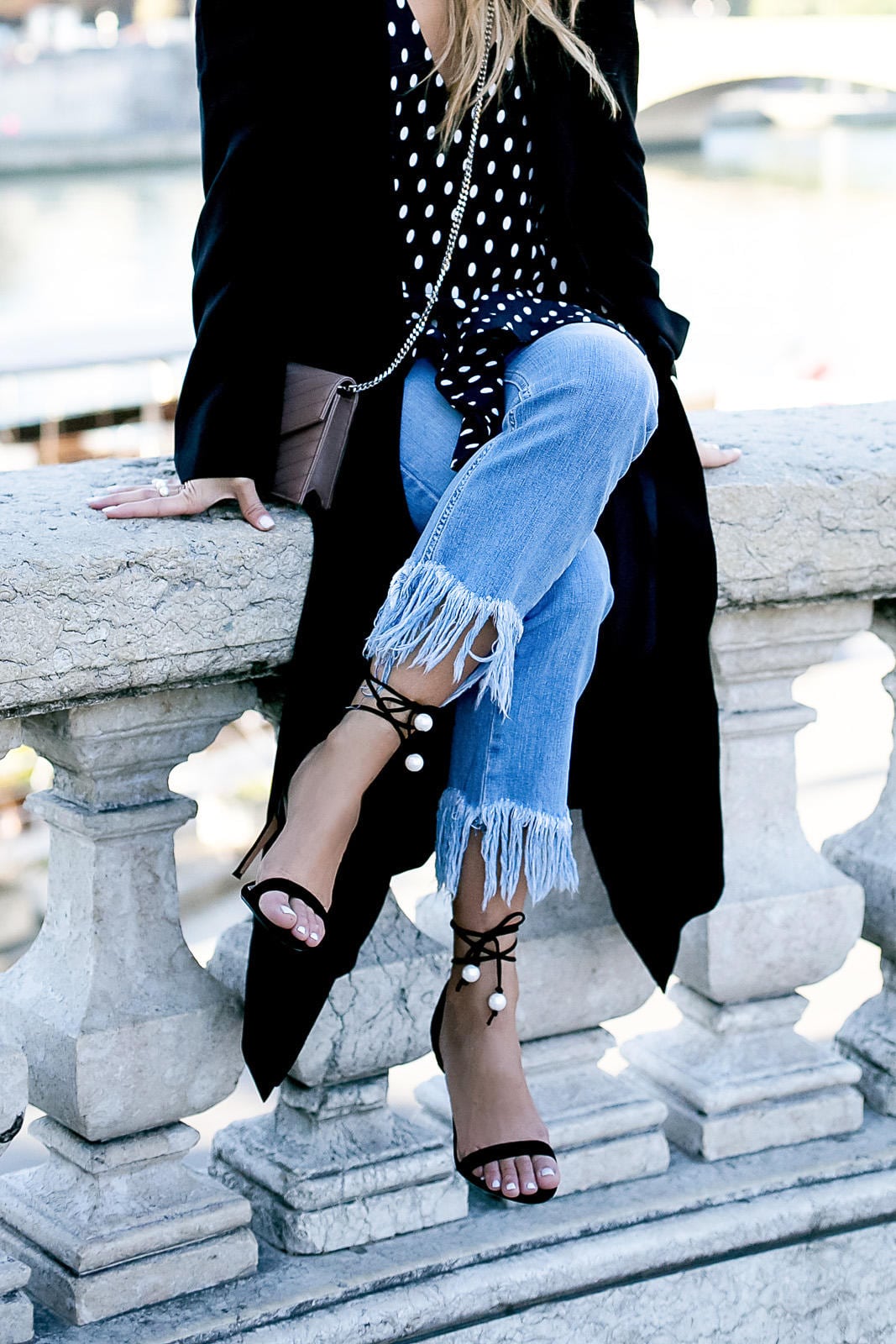 Frayed Hem Jeans, Polka Dots Tops, Raye Sandals with Pearl details, Black Coat, YSL Bag | The Girl From Panama