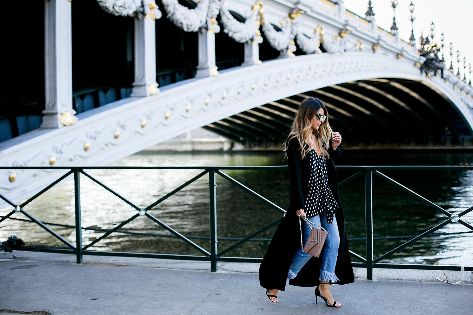Frayed Hem Jeans, Polka Dots Tops, Raye Sandals with Pearl details, Black Coat, YSL Bag | The Girl From Panama