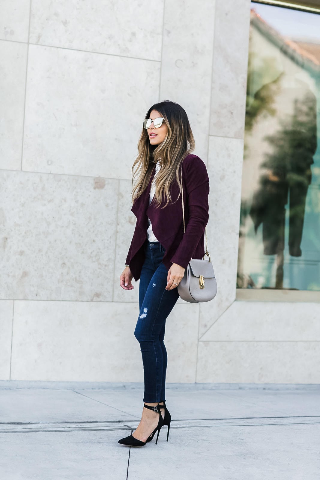 bb dakota suede burgundy jacket, lace top, skinny jeans, schutz pumps